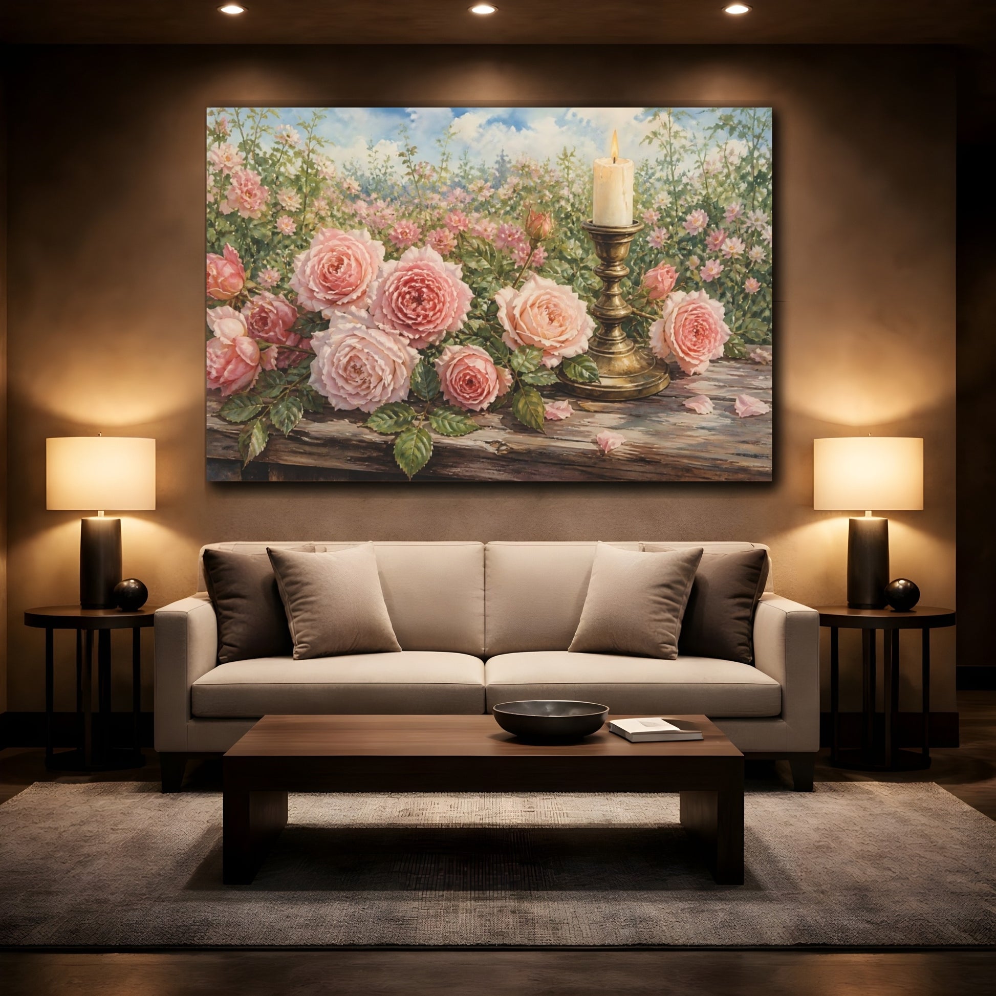 Mockup 2. Floral Pink Roses Pink Roses shown as stretched canvas wall art