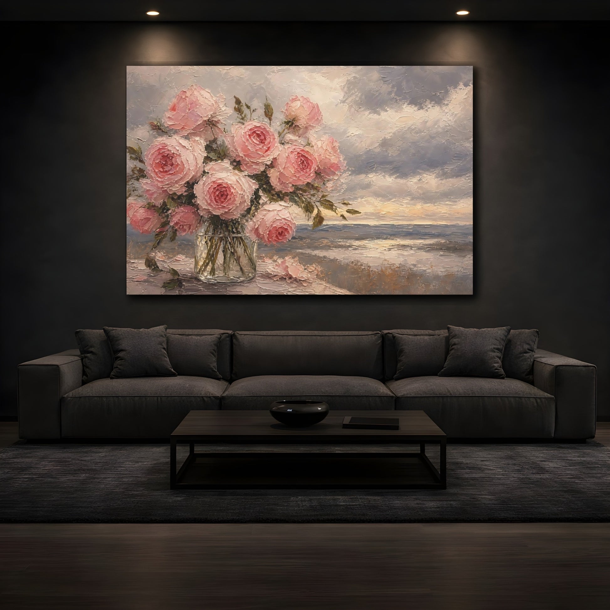 Mockup 3. Floral Pink Roses Pink Roses shown as stretched canvas wall art