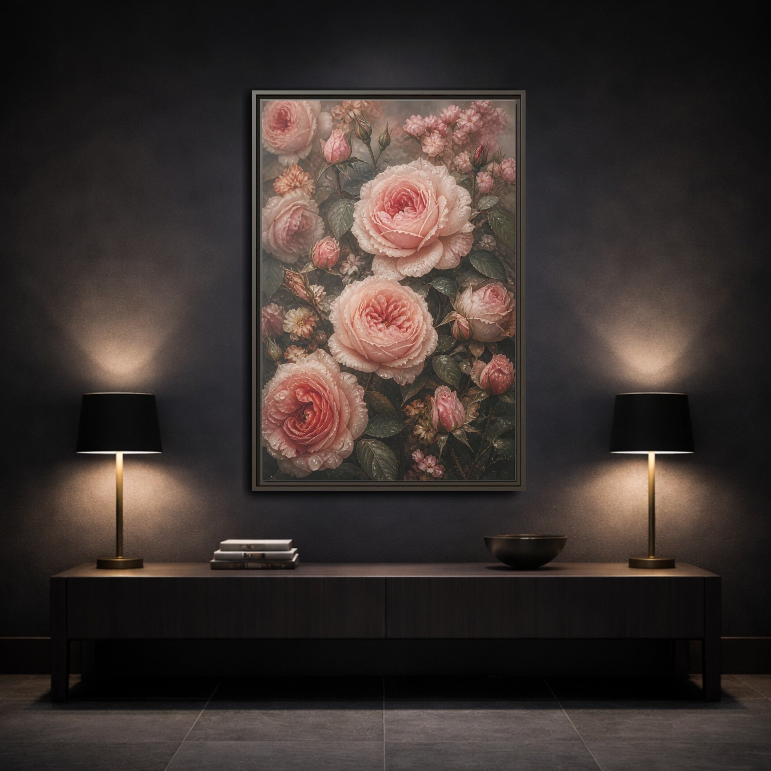 Mockup 3. Floral Pink Roses Pink Roses shown as stretched canvas wall art