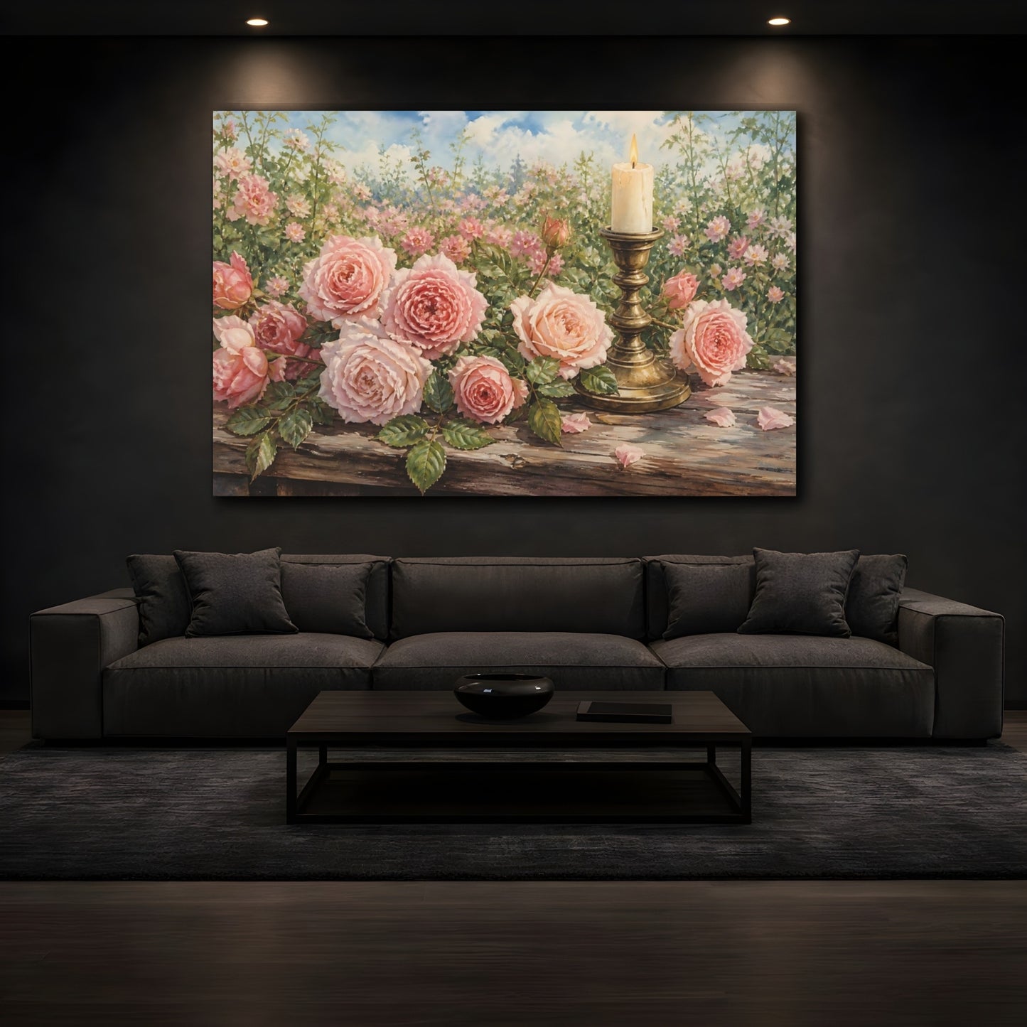 Mockup 3. Floral Pink Roses Pink Roses shown as stretched canvas wall art