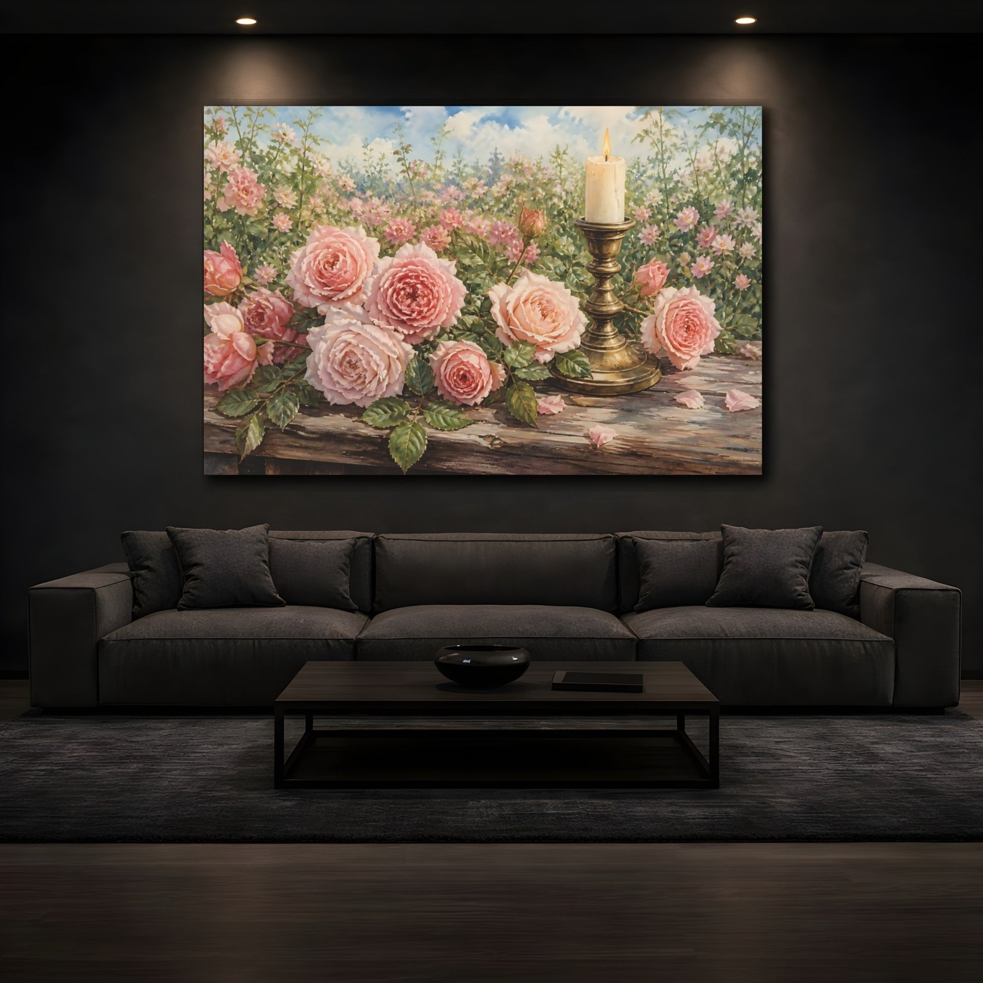 Mockup 3. Floral Pink Roses Pink Roses shown as stretched canvas wall art