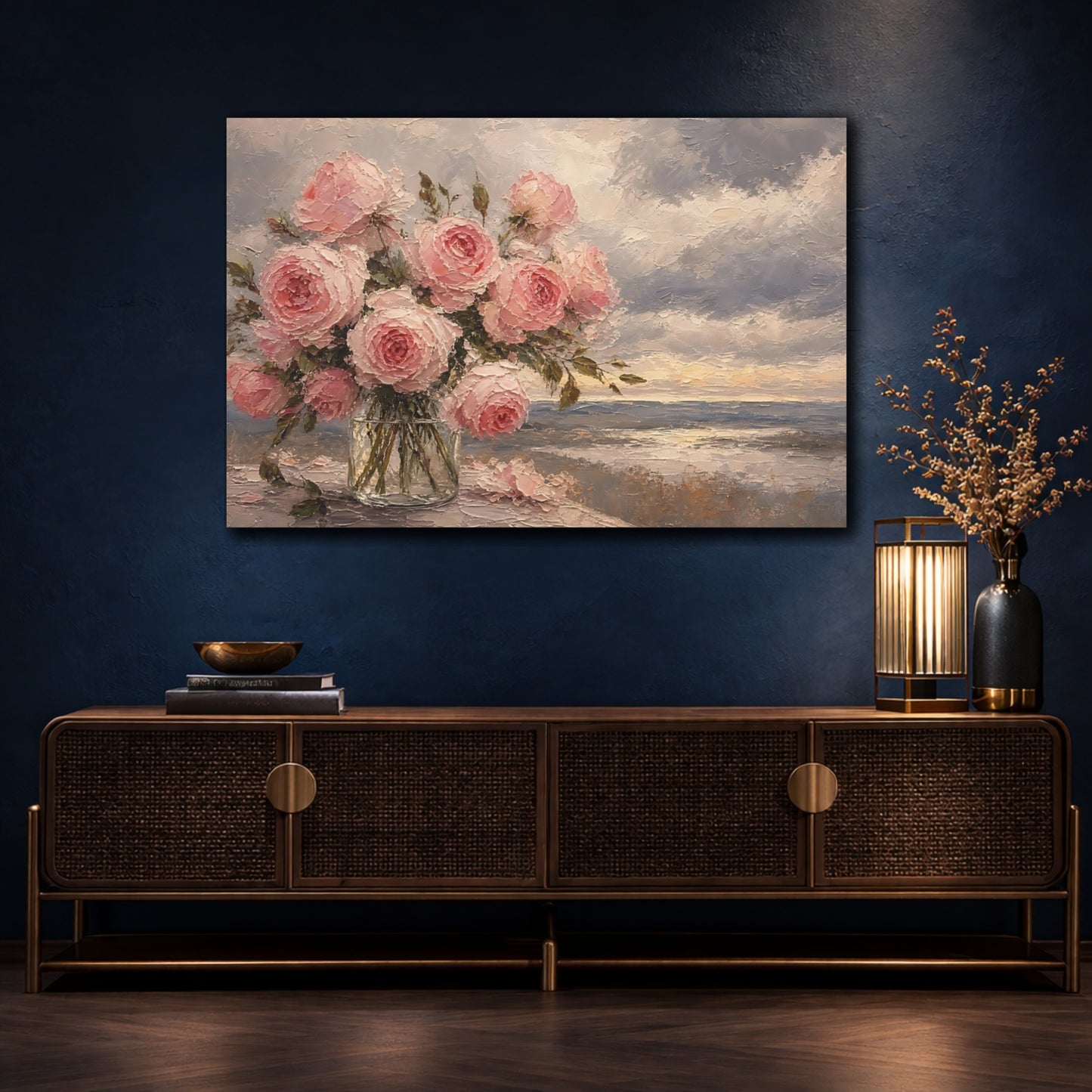Mockup 4. Floral Pink Roses Pink Roses shown as stretched canvas wall art