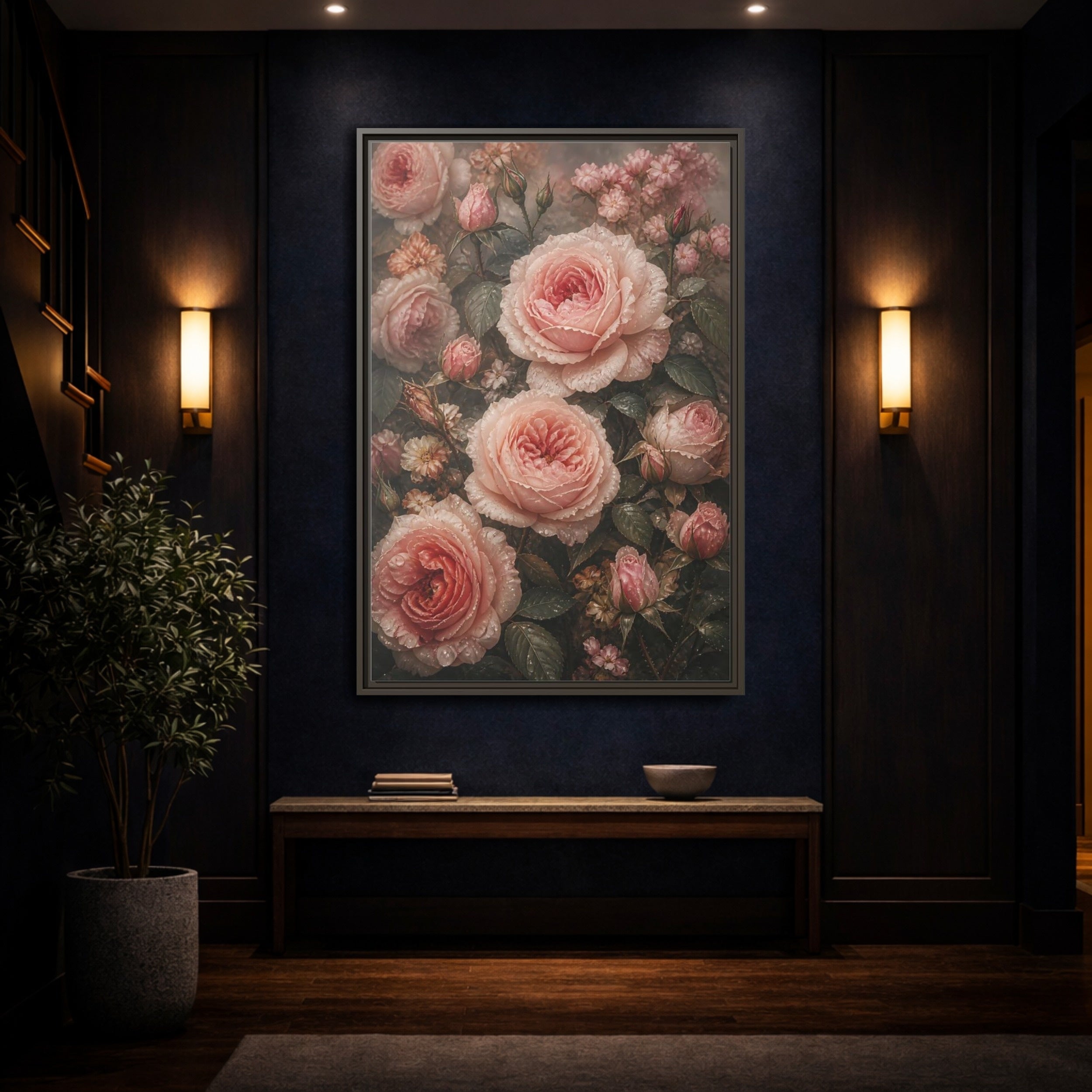 Mockup 4. Floral Pink Roses Pink Roses shown as stretched canvas wall art