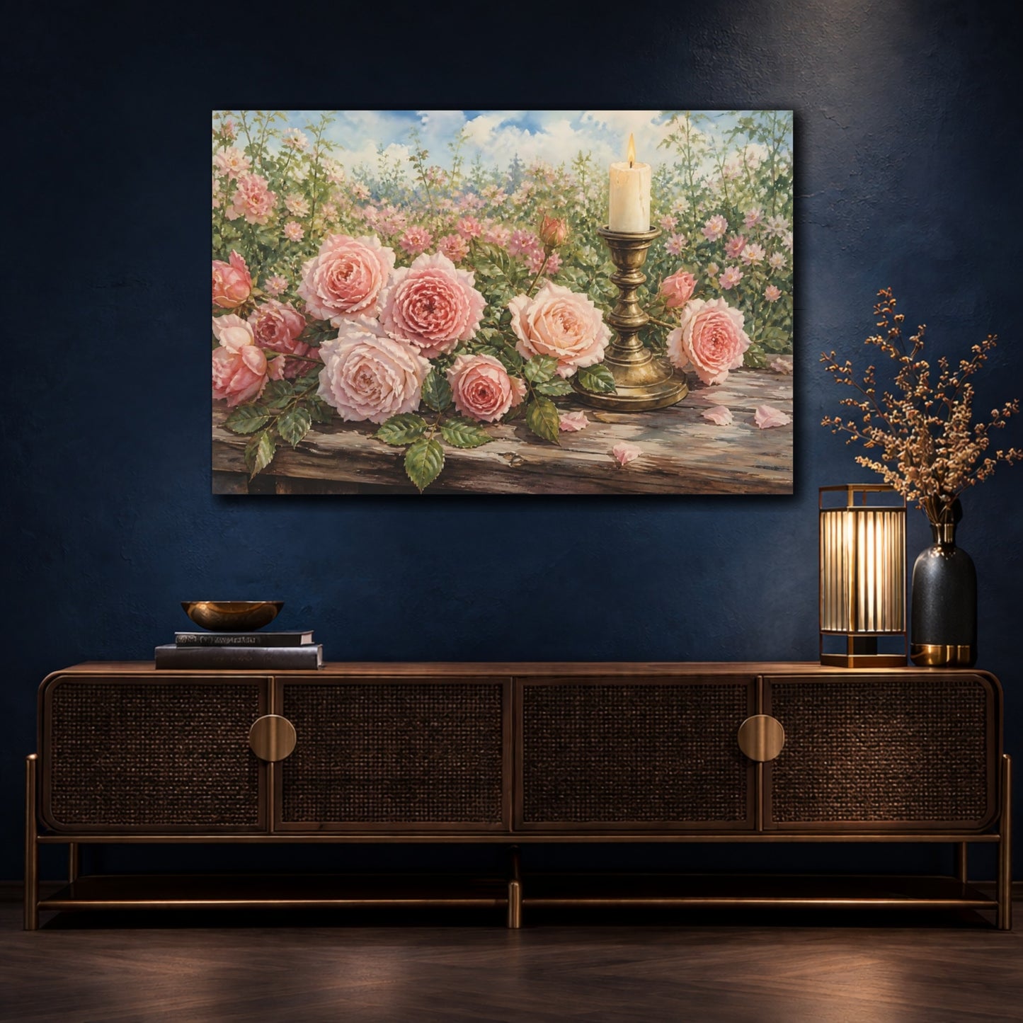 Mockup 4. Floral Pink Roses Pink Roses shown as stretched canvas wall art