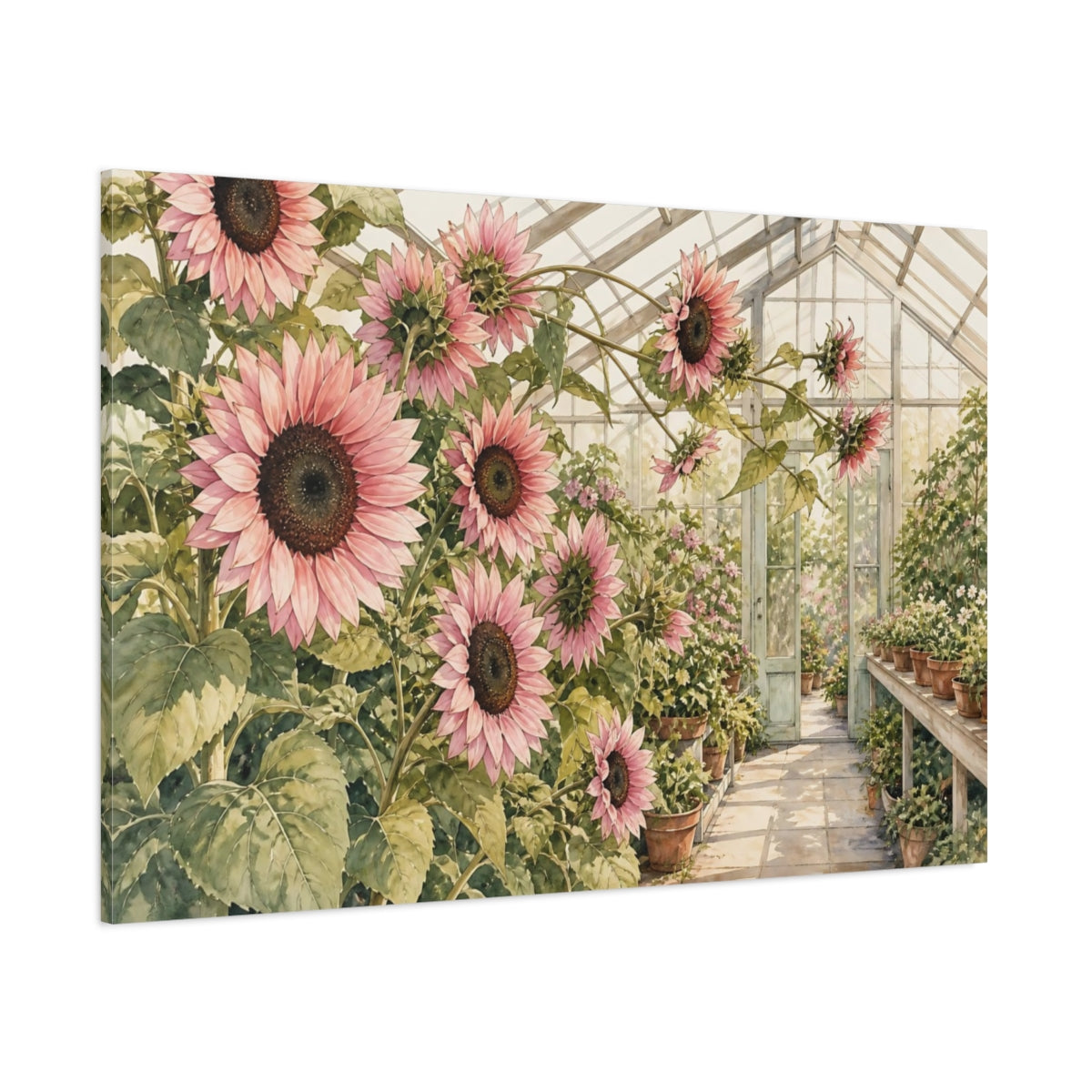 Side Mockup 1. Floral Pink Sunflowers Pink Sunflower shown as stretched canvas wall art