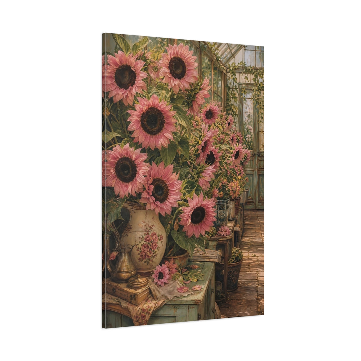Side Mockup 1. Floral Pink Sunflowers Pink Sunflower shown as stretched canvas wall art