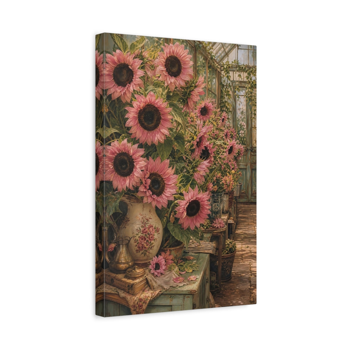 Side Mockup 4. Floral Pink Sunflowers Pink Sunflower shown as stretched canvas wall art