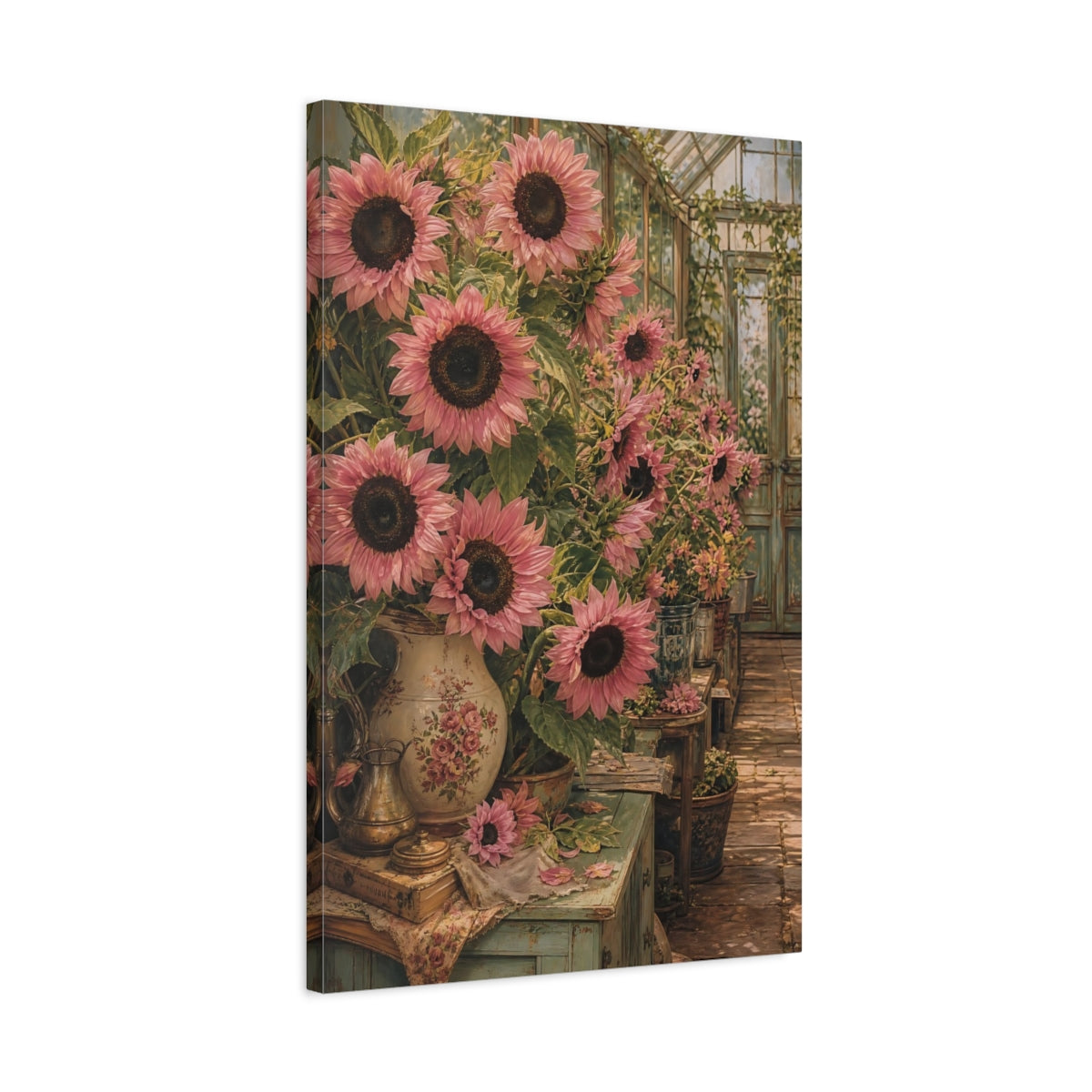 Side Mockup 2. Floral Pink Sunflowers Pink Sunflower shown as stretched canvas wall art