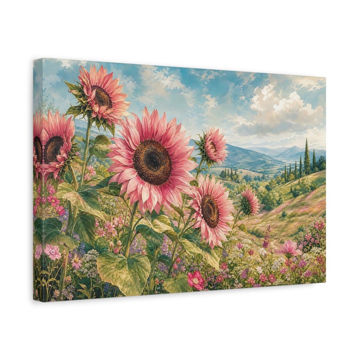 Side Mockup 4. Floral Pink Sunflowers Pink Sunflower Field shown as stretched canvas wall art
