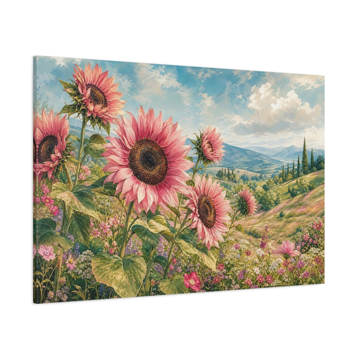 Side Mockup 1. Floral Pink Sunflowers Pink Sunflower Field shown as stretched canvas wall art