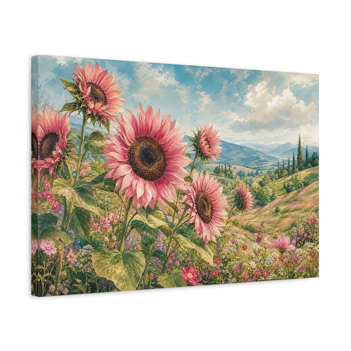 Side Mockup 3. Floral Pink Sunflowers Pink Sunflower Field shown as stretched canvas wall art