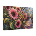 Side Mockup 4. Floral Pink Sunflowers Pink Sunflower Greenhouse shown as stretched canvas wall art