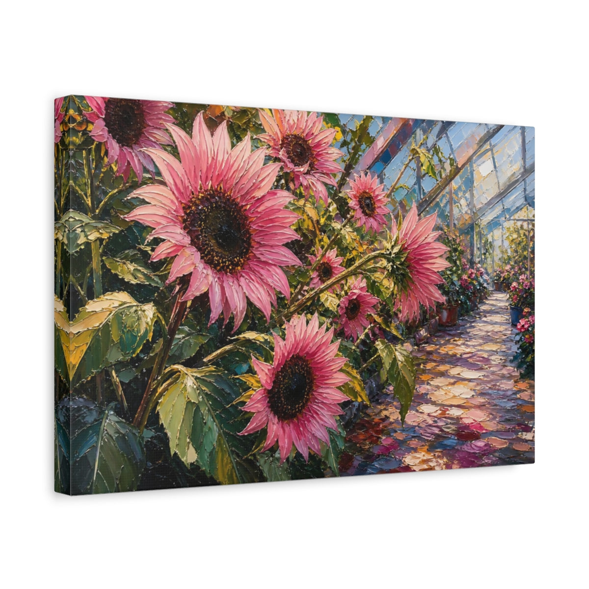 Side Mockup 4. Floral Pink Sunflowers Pink Sunflower Greenhouse shown as stretched canvas wall art