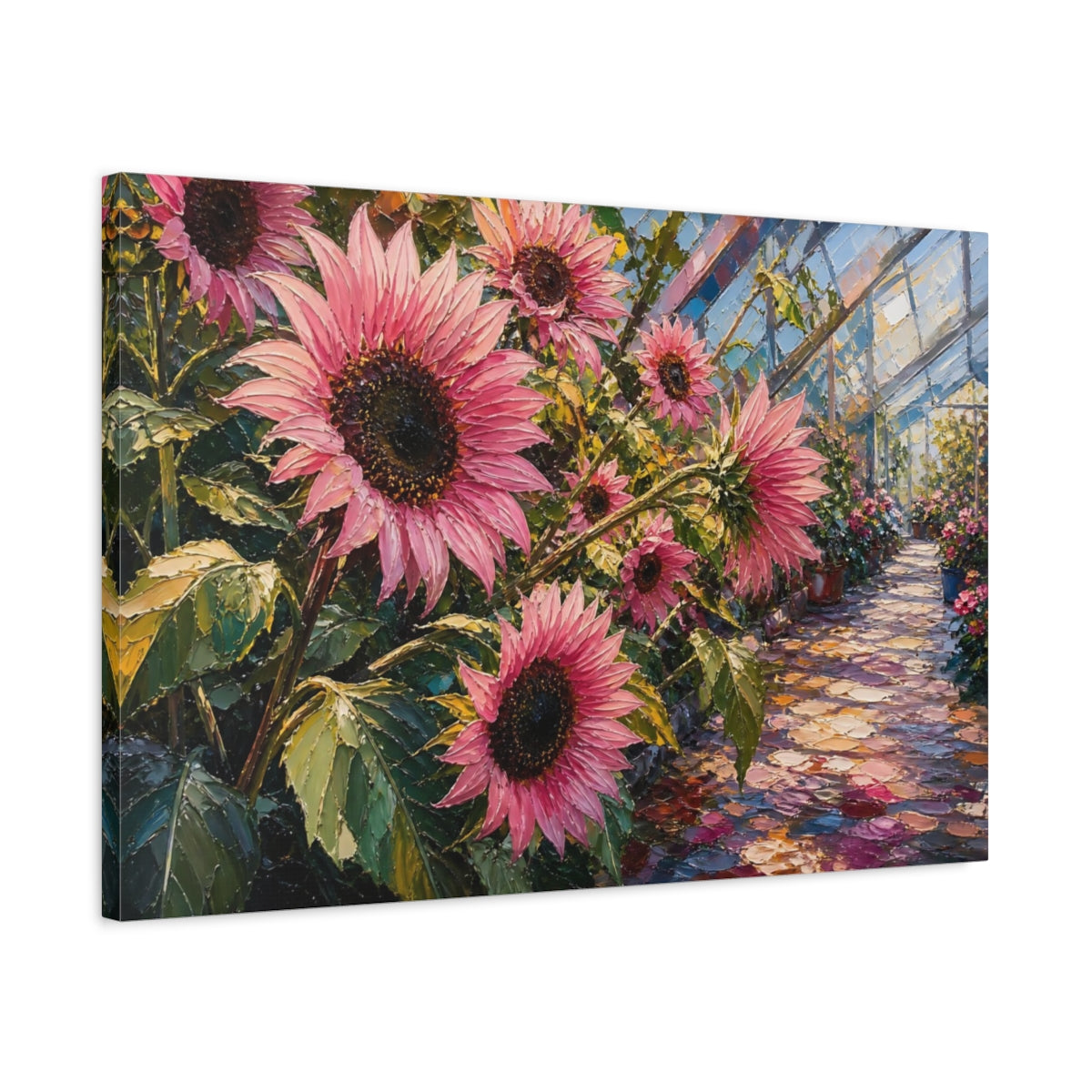 Side Mockup 2. Floral Pink Sunflowers Pink Sunflower Greenhouse shown as stretched canvas wall art