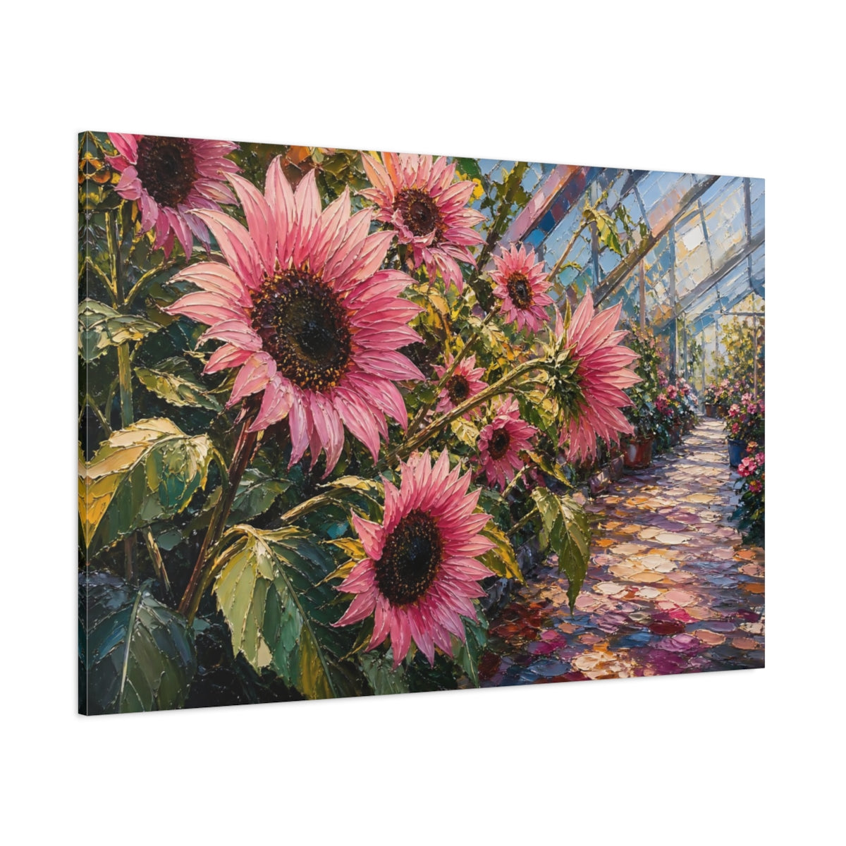 Side Mockup 1. Floral Pink Sunflowers Pink Sunflower Greenhouse shown as stretched canvas wall art