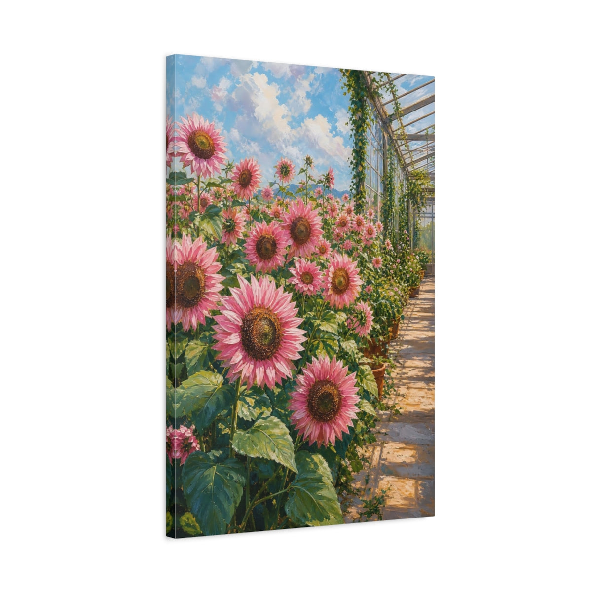 Side Mockup 2. Floral Pink Sunflowers Pink Floral Greenhouse shown as stretched canvas wall art