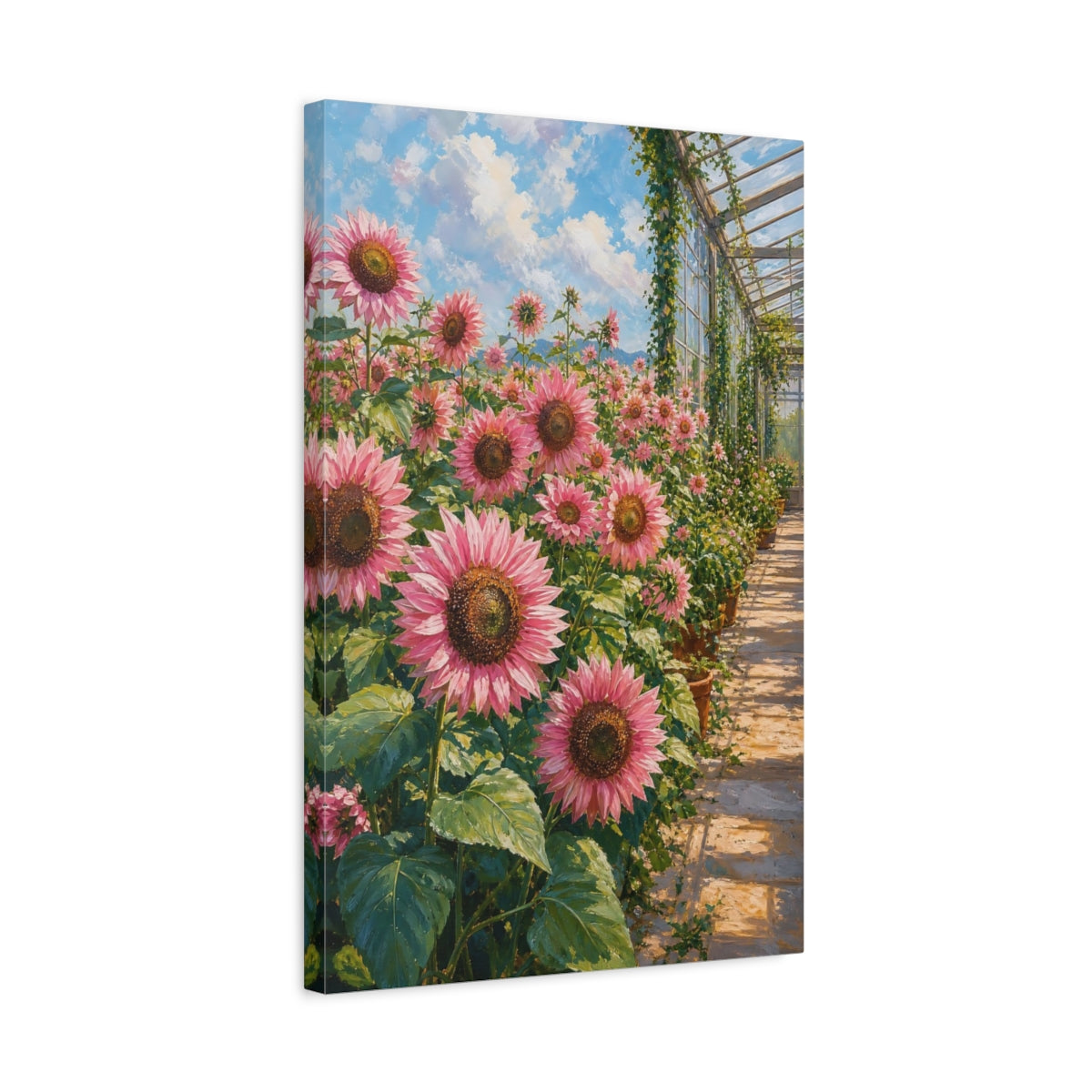 Side Mockup 3. Floral Pink Sunflowers Pink Floral Greenhouse shown as stretched canvas wall art