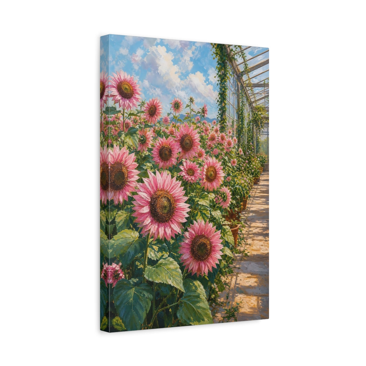 Side Mockup 4. Floral Pink Sunflowers Pink Floral Greenhouse shown as stretched canvas wall art