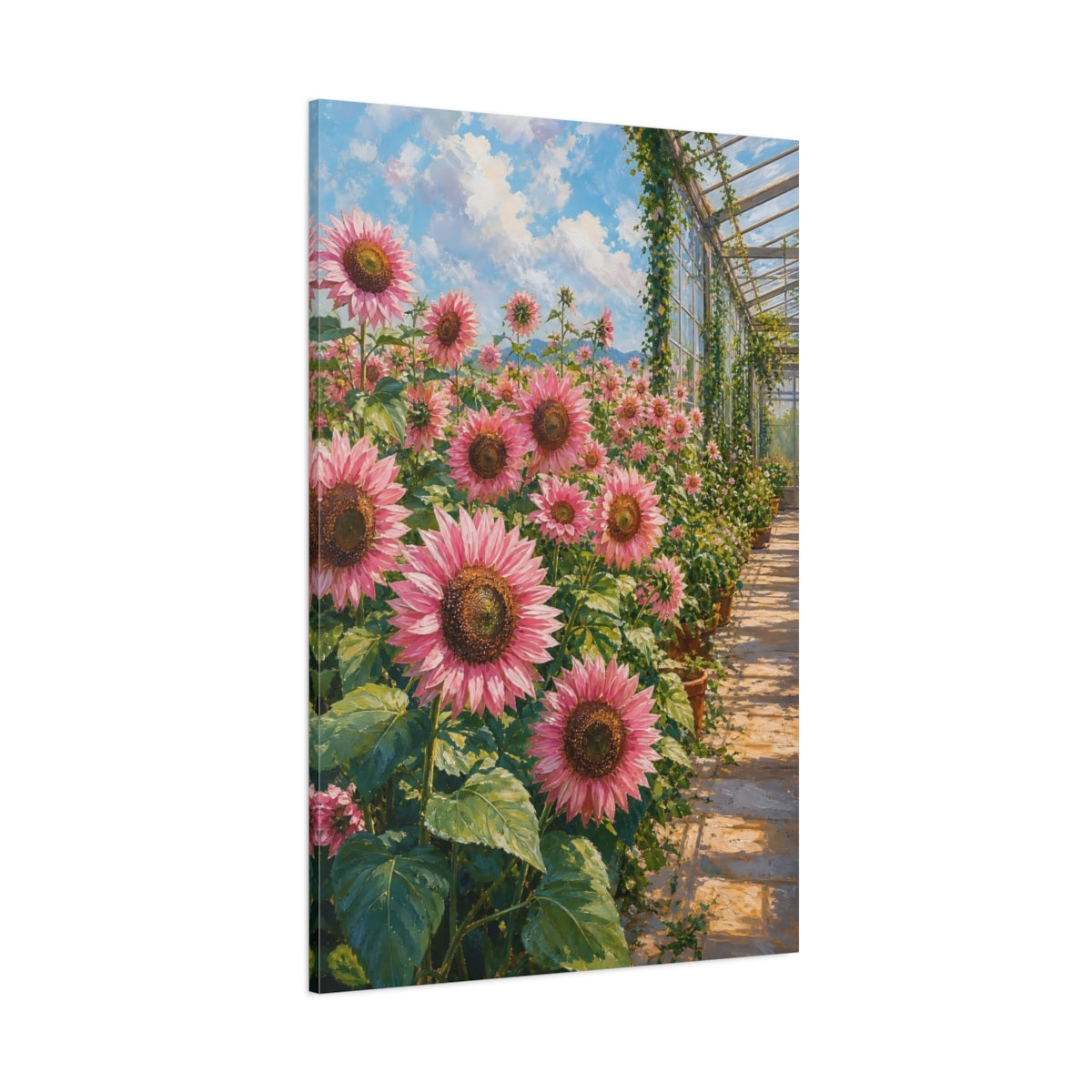 Side Mockup 1. Floral Pink Sunflowers Pink Floral Greenhouse shown as stretched canvas wall art