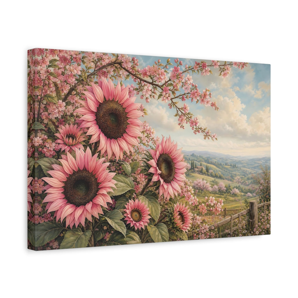 Side Mockup 4. Floral Pink Sunflowers Pink Floral Landscape shown as stretched canvas wall art