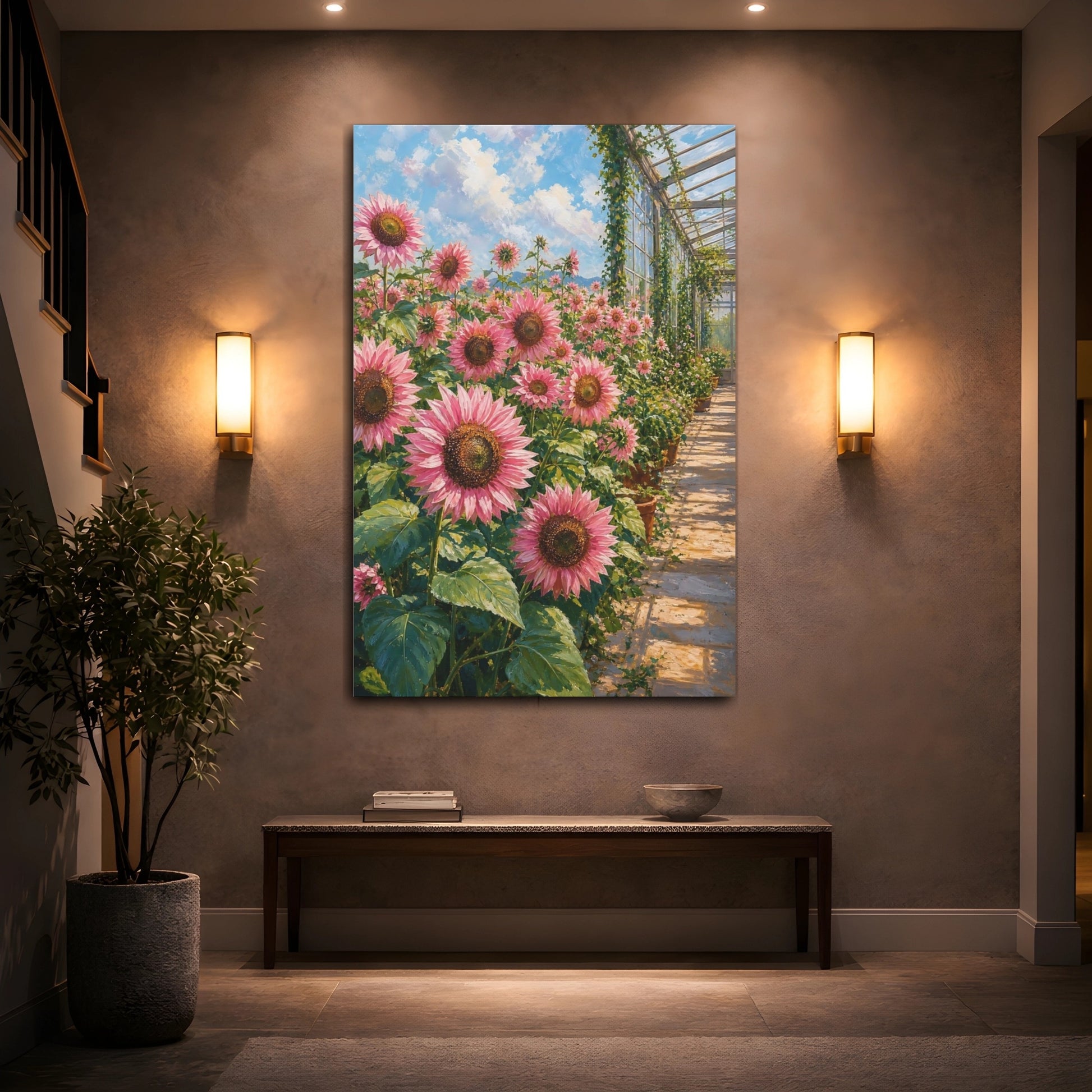 Mockup 2. Floral Pink Sunflowers Pink Floral Greenhouse shown as stretched canvas wall art