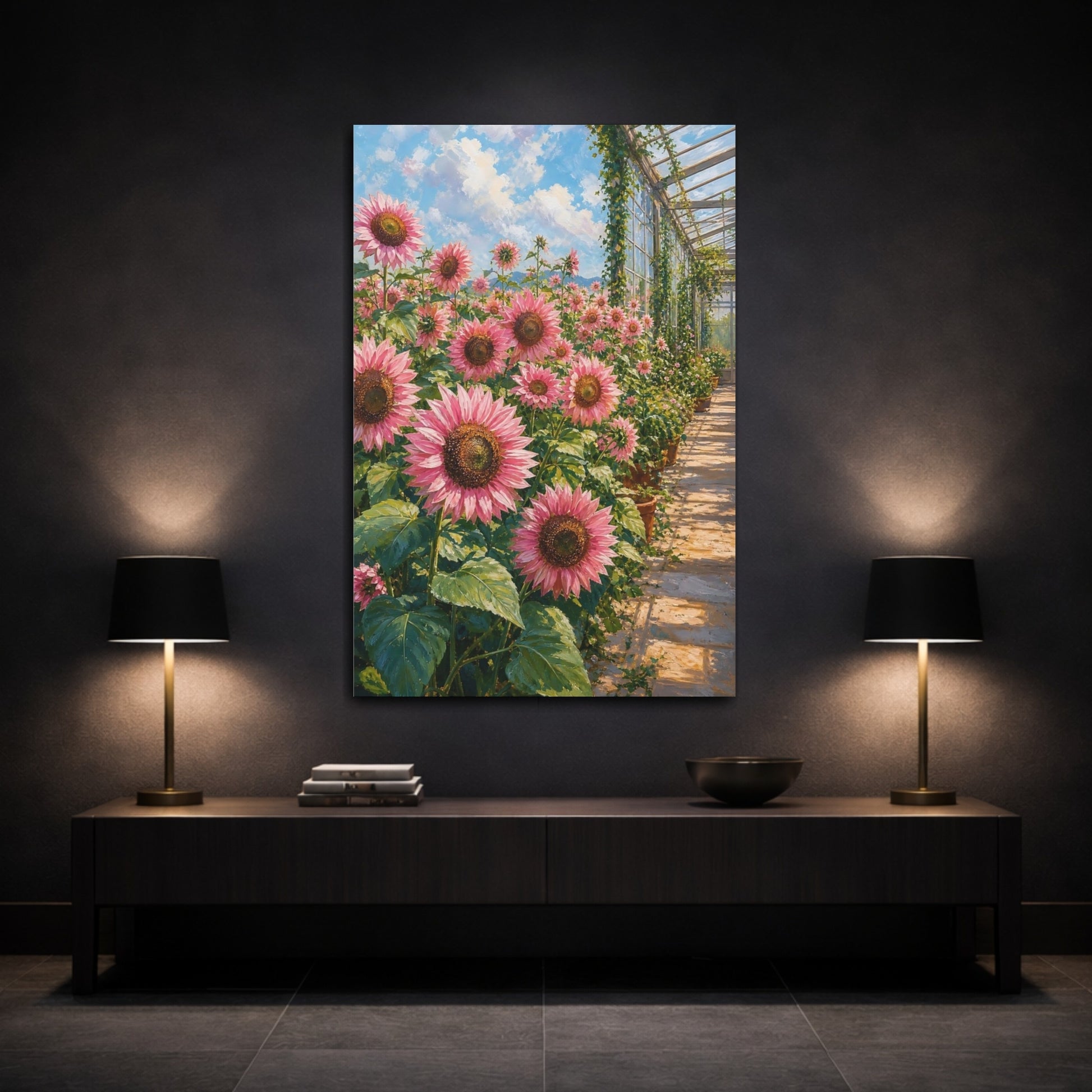 Mockup 3. Floral Pink Sunflowers Pink Floral Greenhouse shown as stretched canvas wall art