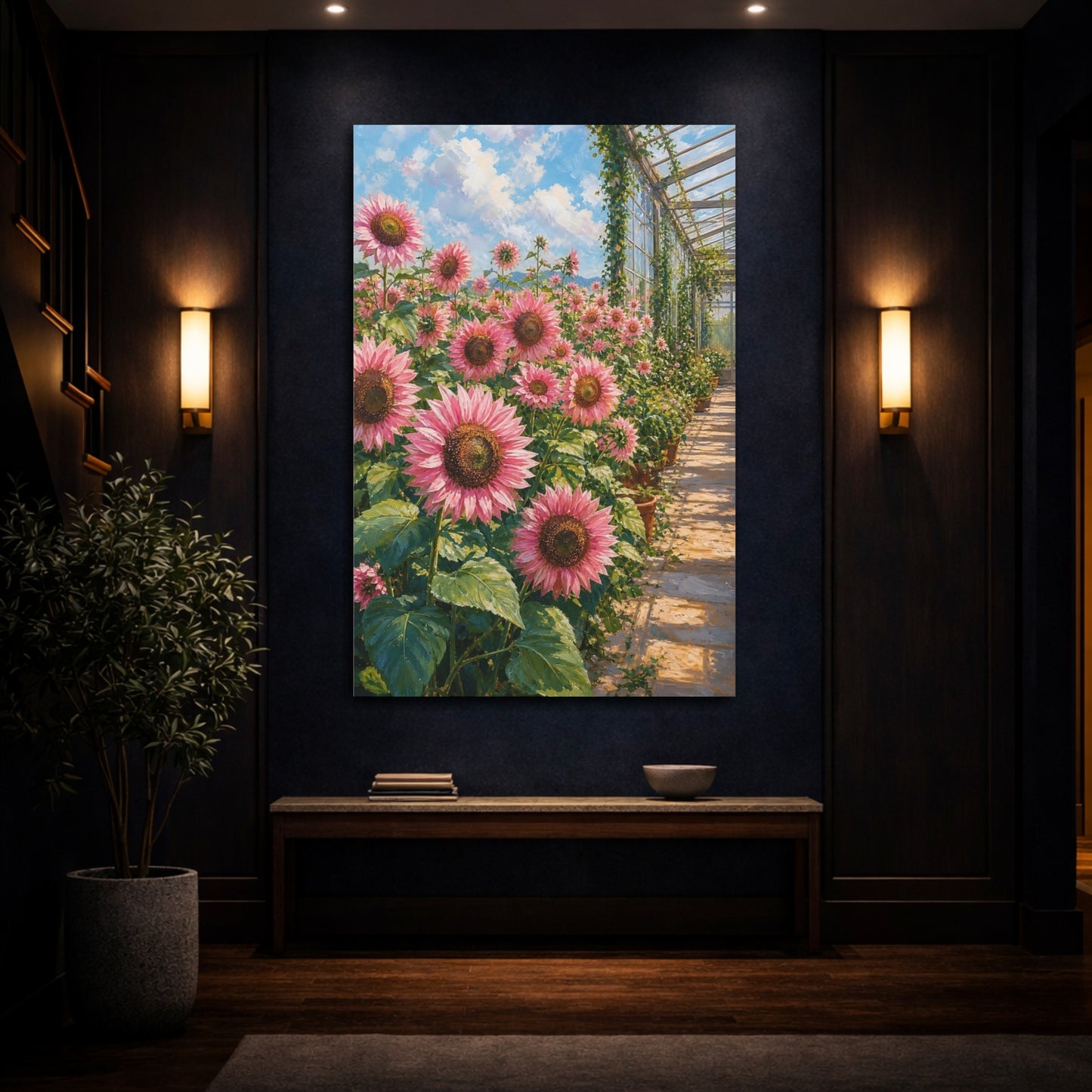 Mockup 4. Floral Pink Sunflowers Pink Floral Greenhouse shown as stretched canvas wall art