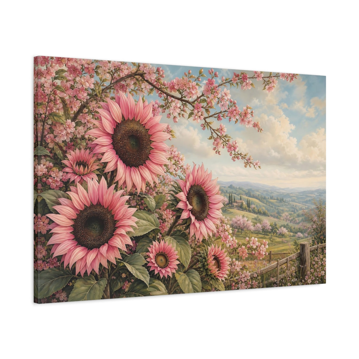 Main Mockup. Floral Pink Sunflowers Pink Floral Landscape shown as stretched canvas wall art