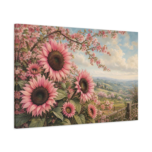 Main Mockup. Floral Pink Sunflowers Pink Floral Landscape shown as stretched canvas wall art