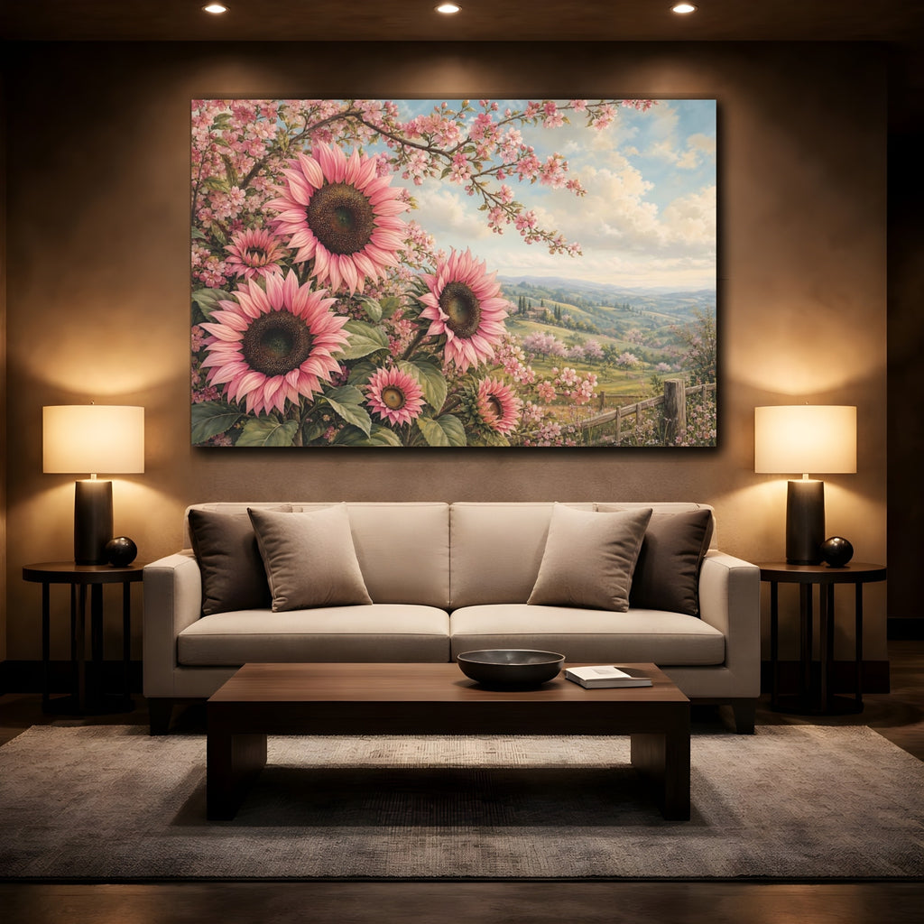 Mockup 2. Floral Pink Sunflowers Pink Floral Landscape shown as stretched canvas wall art