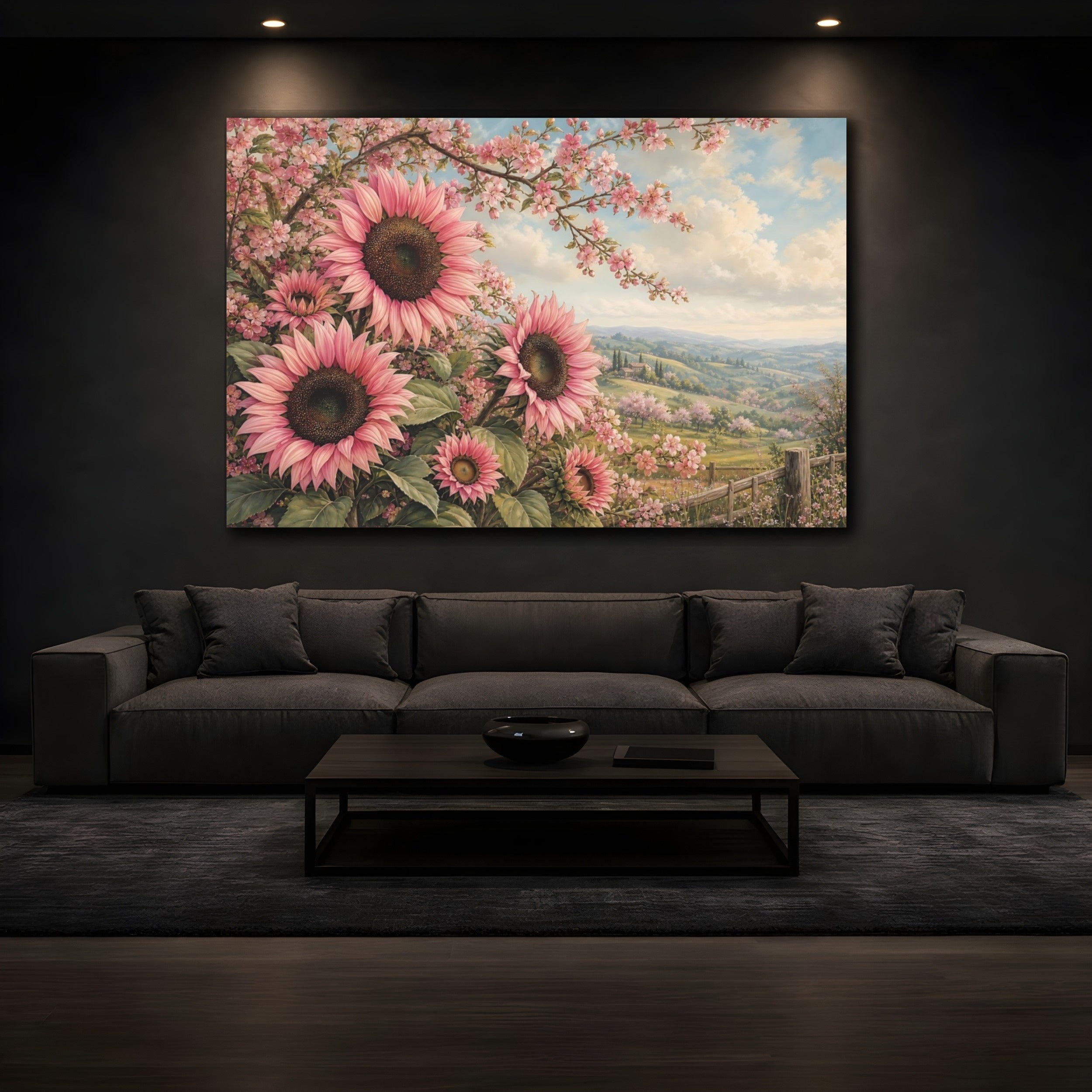 Mockup 3. Floral Pink Sunflowers Pink Floral Landscape shown as stretched canvas wall art