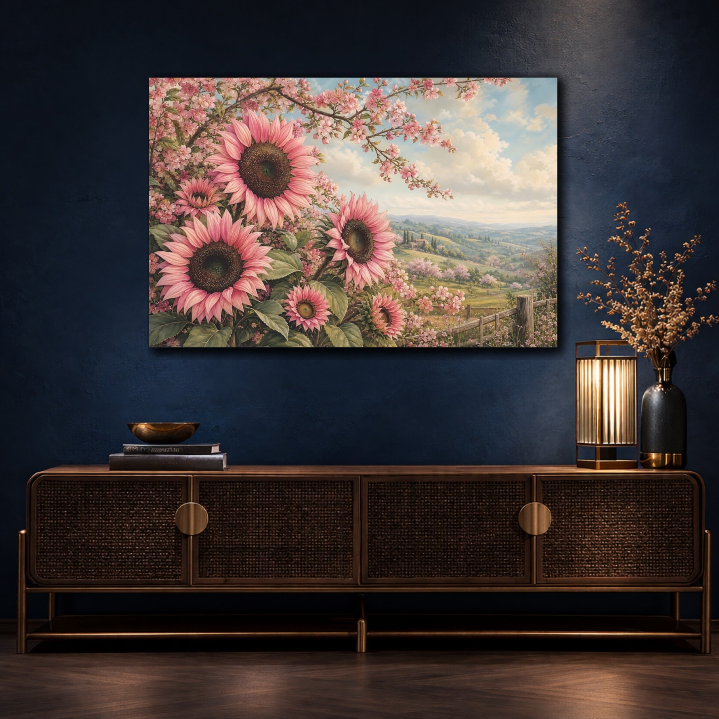 Mockup 4. Floral Pink Sunflowers Pink Floral Landscape shown as stretched canvas wall art