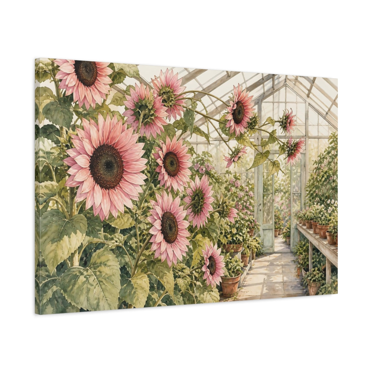 Main Mockup. Floral Pink Sunflowers Pink Sunflower shown as stretched canvas wall art