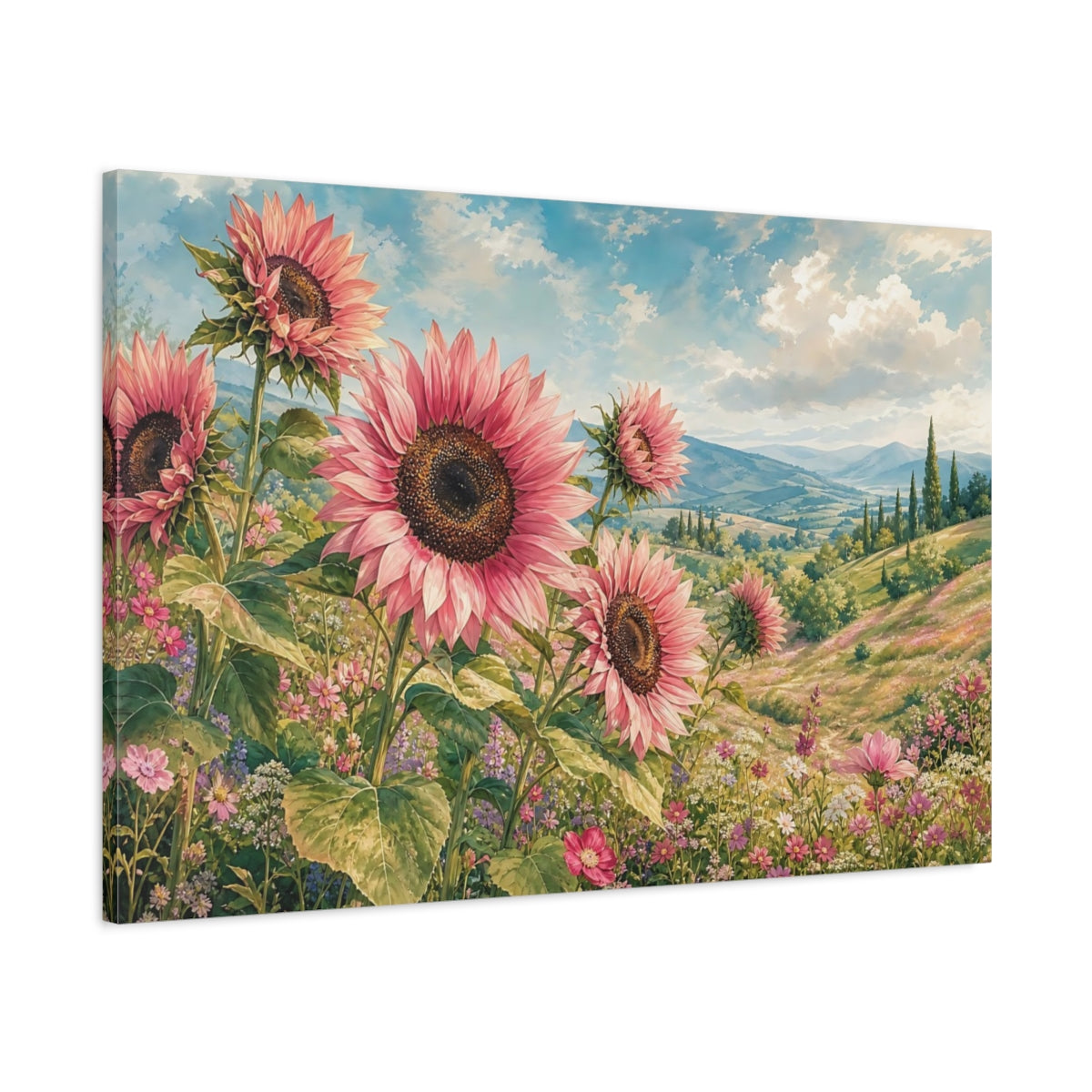 Main Mockup. Floral Pink Sunflowers Pink Sunflower Field shown as stretched canvas wall art