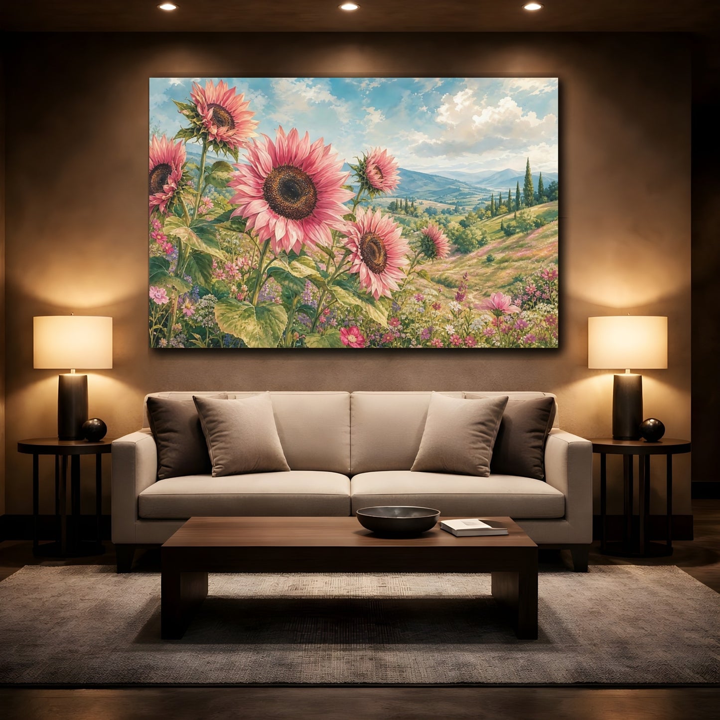Mockup 2. Floral Pink Sunflowers Pink Sunflower Field shown as stretched canvas wall art