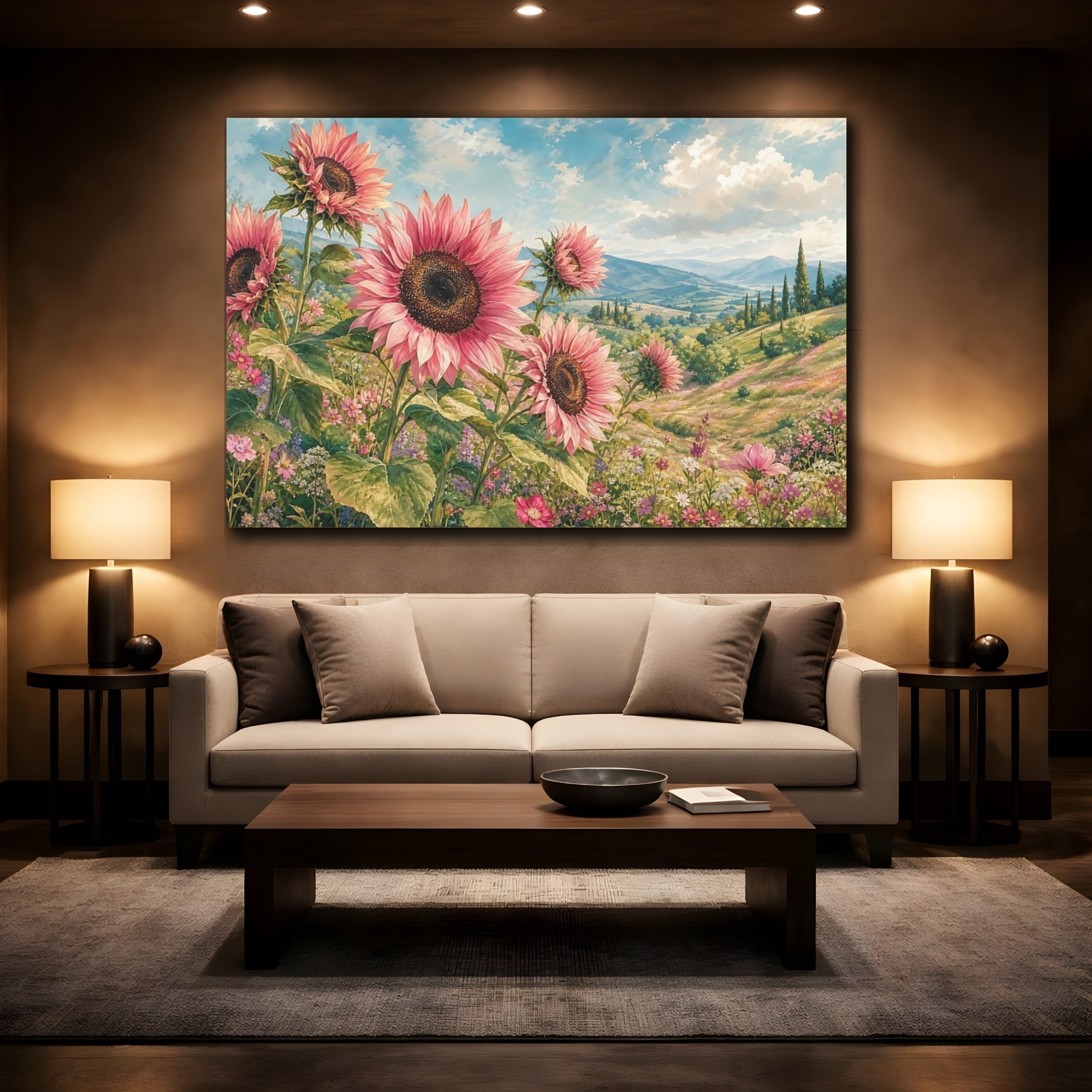 Mockup 2. Floral Pink Sunflowers Pink Sunflower Field shown as stretched canvas wall art