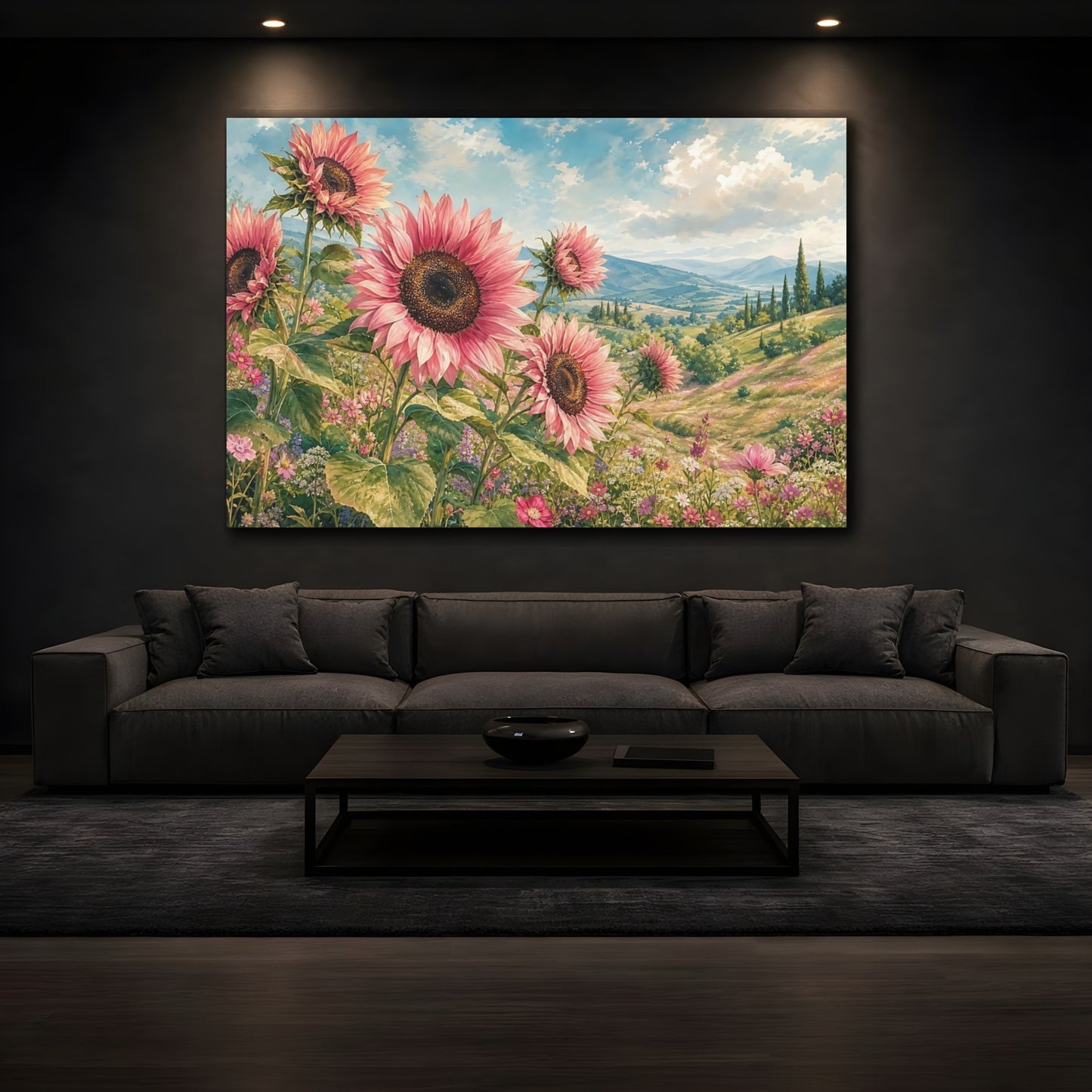Mockup 3. Floral Pink Sunflowers Pink Sunflower Field shown as stretched canvas wall art