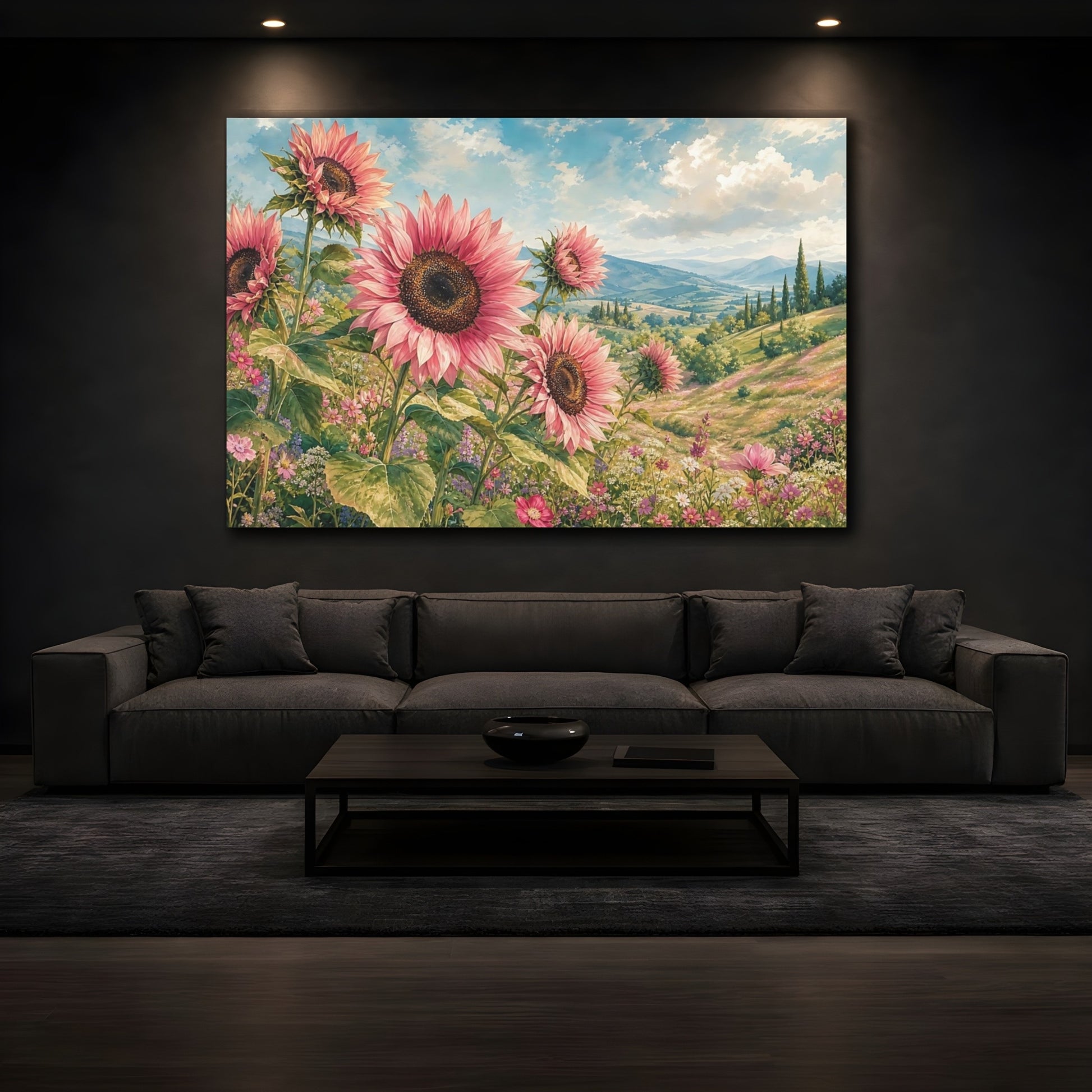 Mockup 3. Floral Pink Sunflowers Pink Sunflower Field shown as stretched canvas wall art