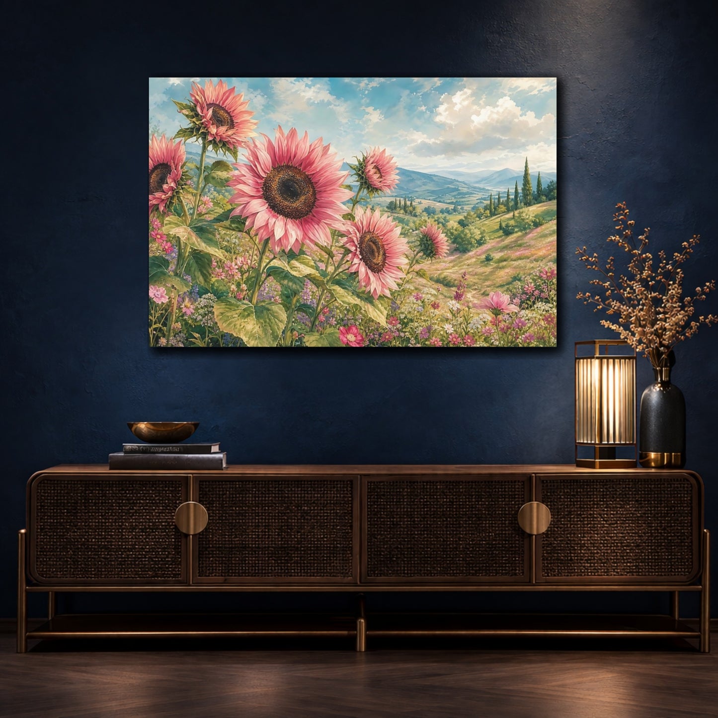 Mockup 4. Floral Pink Sunflowers Pink Sunflower Field shown as stretched canvas wall art