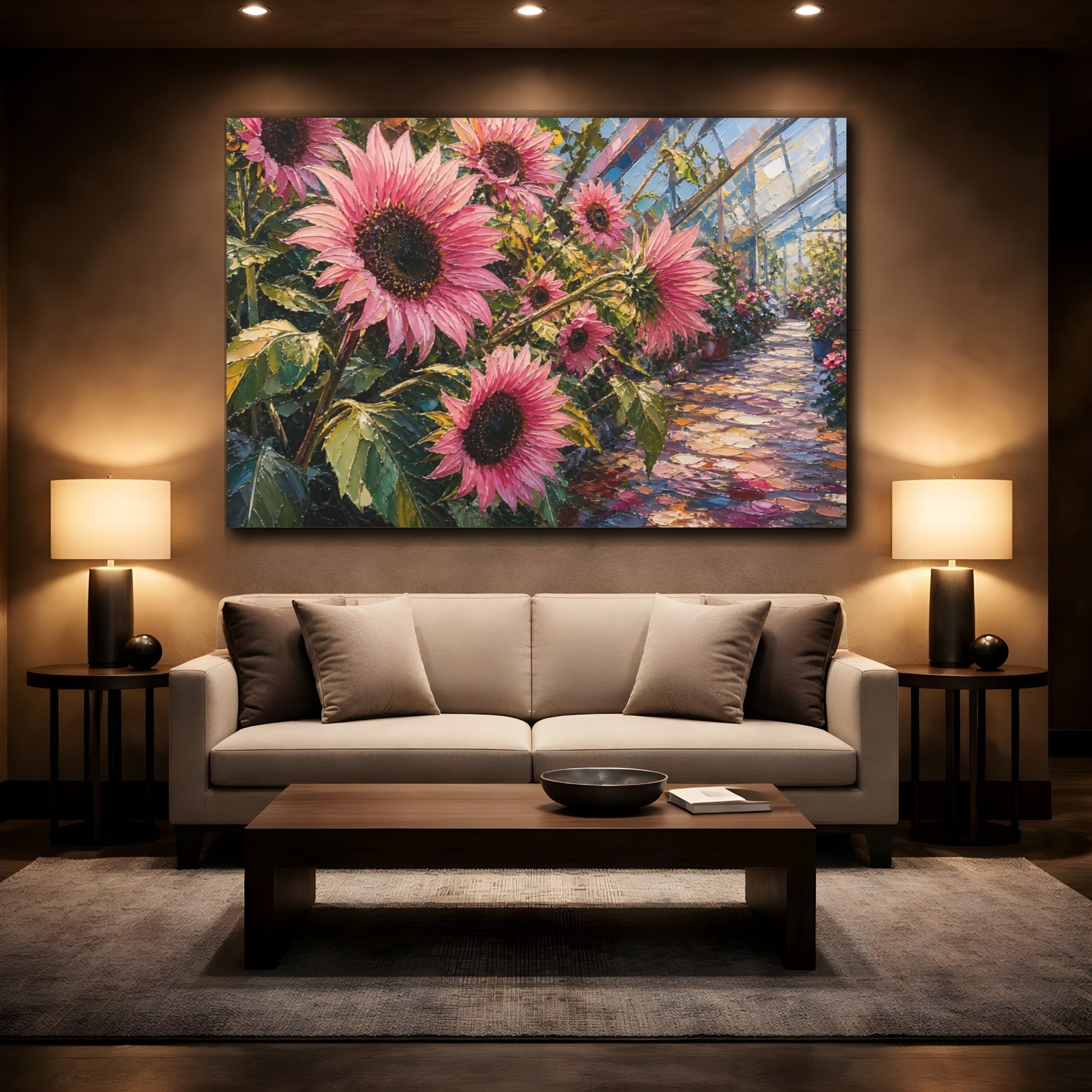 Mockup 2. Floral Pink Sunflowers Pink Sunflower Greenhouse shown as stretched canvas wall art