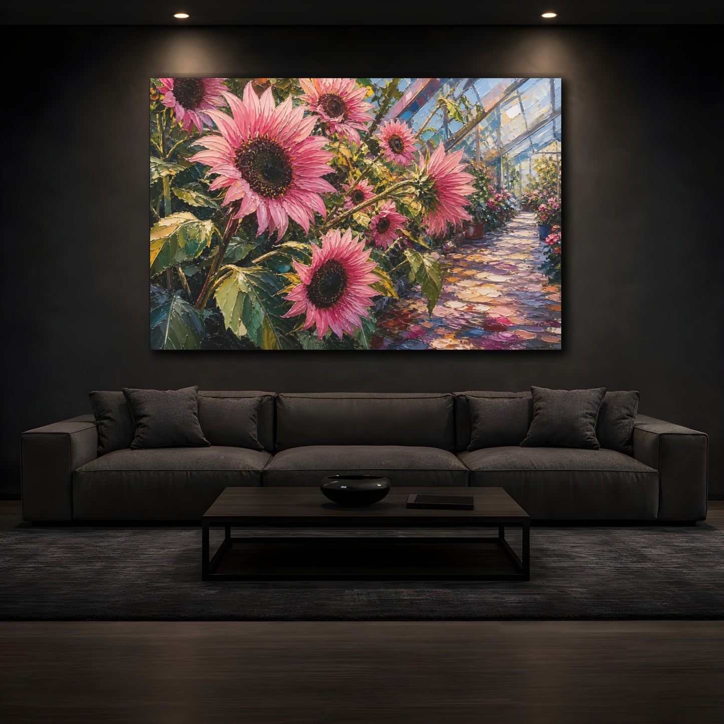 Mockup 3. Floral Pink Sunflowers Pink Sunflower Greenhouse shown as stretched canvas wall art