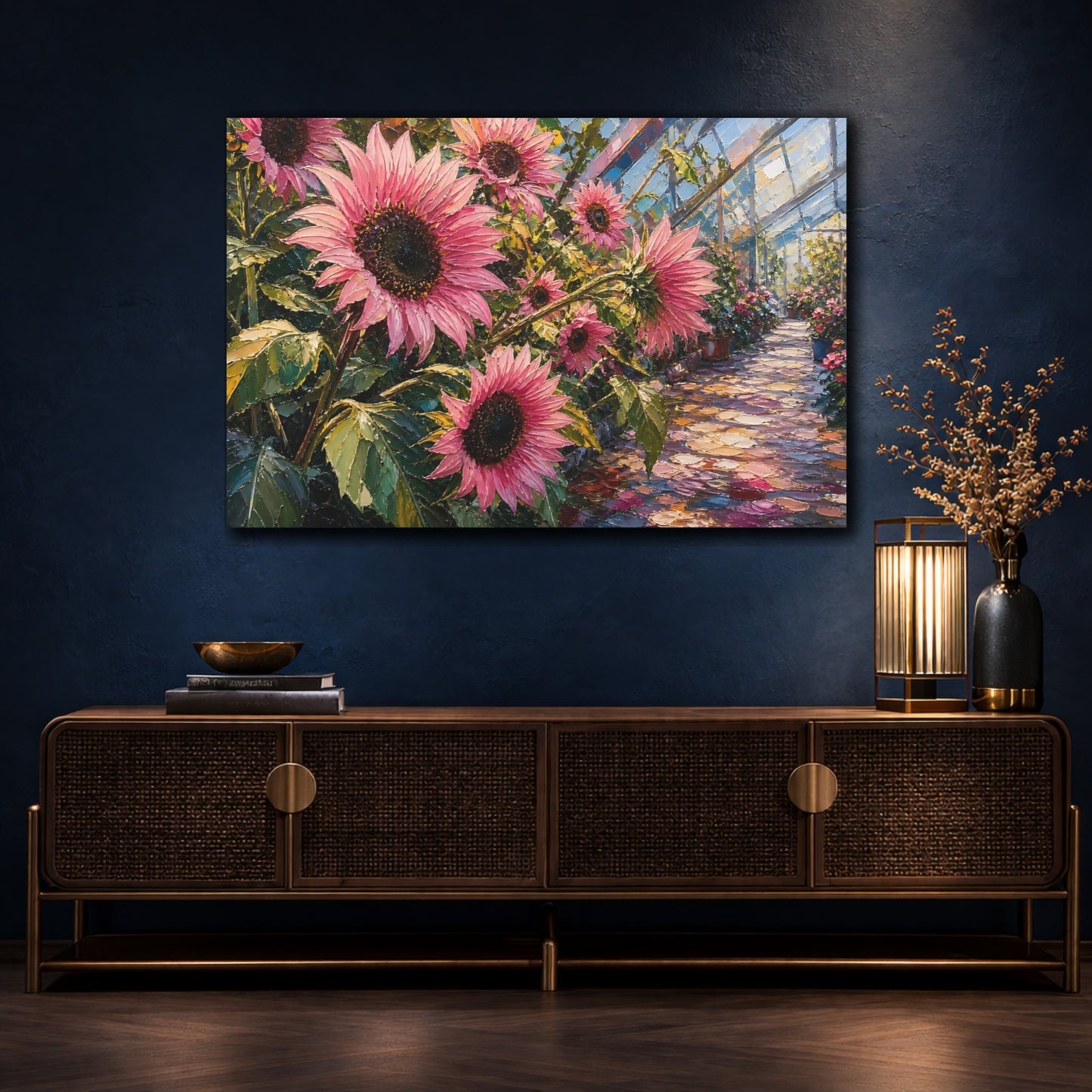 Mockup 4. Floral Pink Sunflowers Pink Sunflower Greenhouse shown as stretched canvas wall art