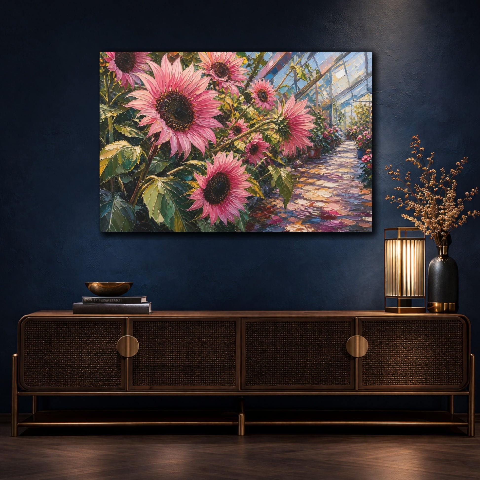 Mockup 4. Floral Pink Sunflowers Pink Sunflower Greenhouse shown as stretched canvas wall art