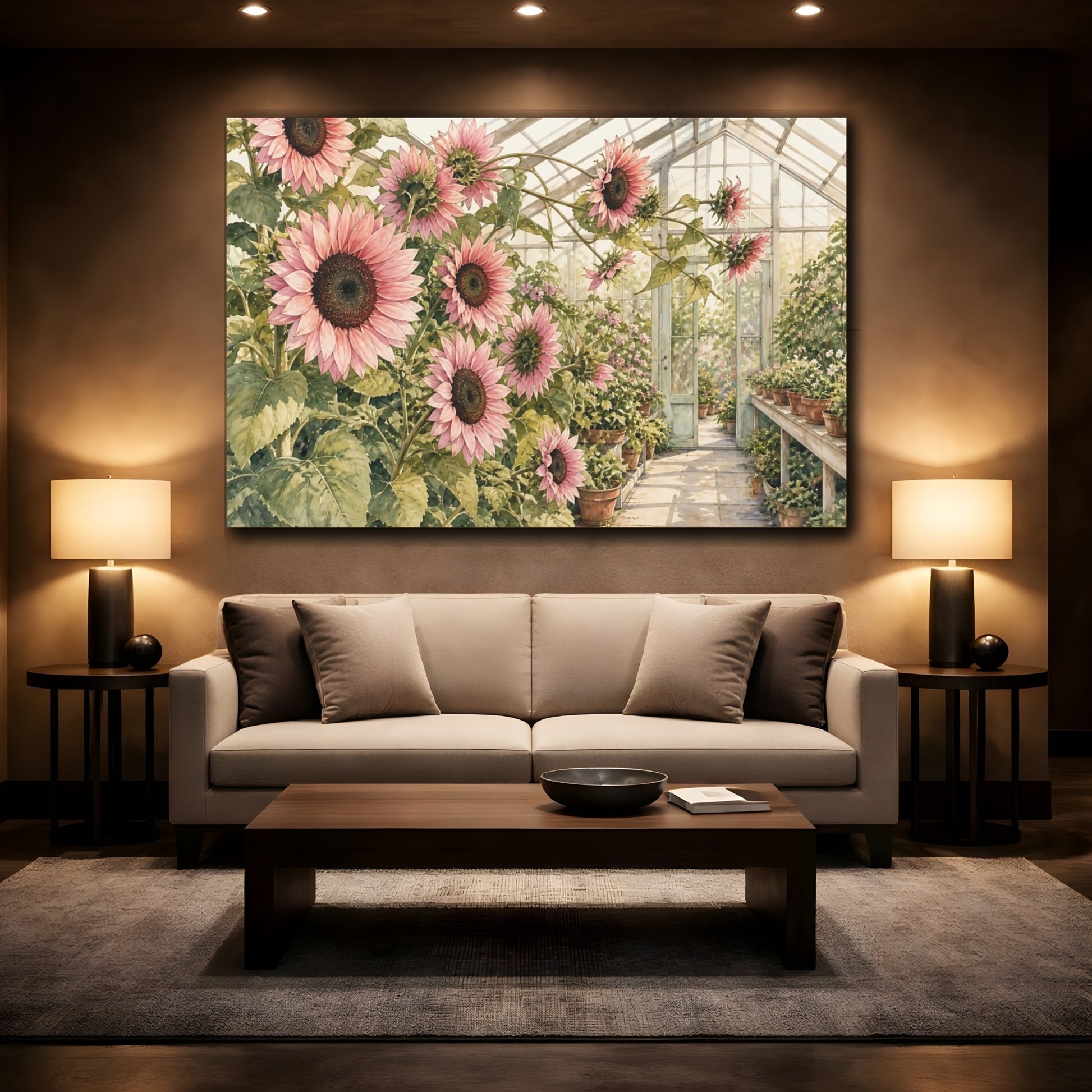 Mockup 2. Floral Pink Sunflowers Pink Sunflower shown as stretched canvas wall art