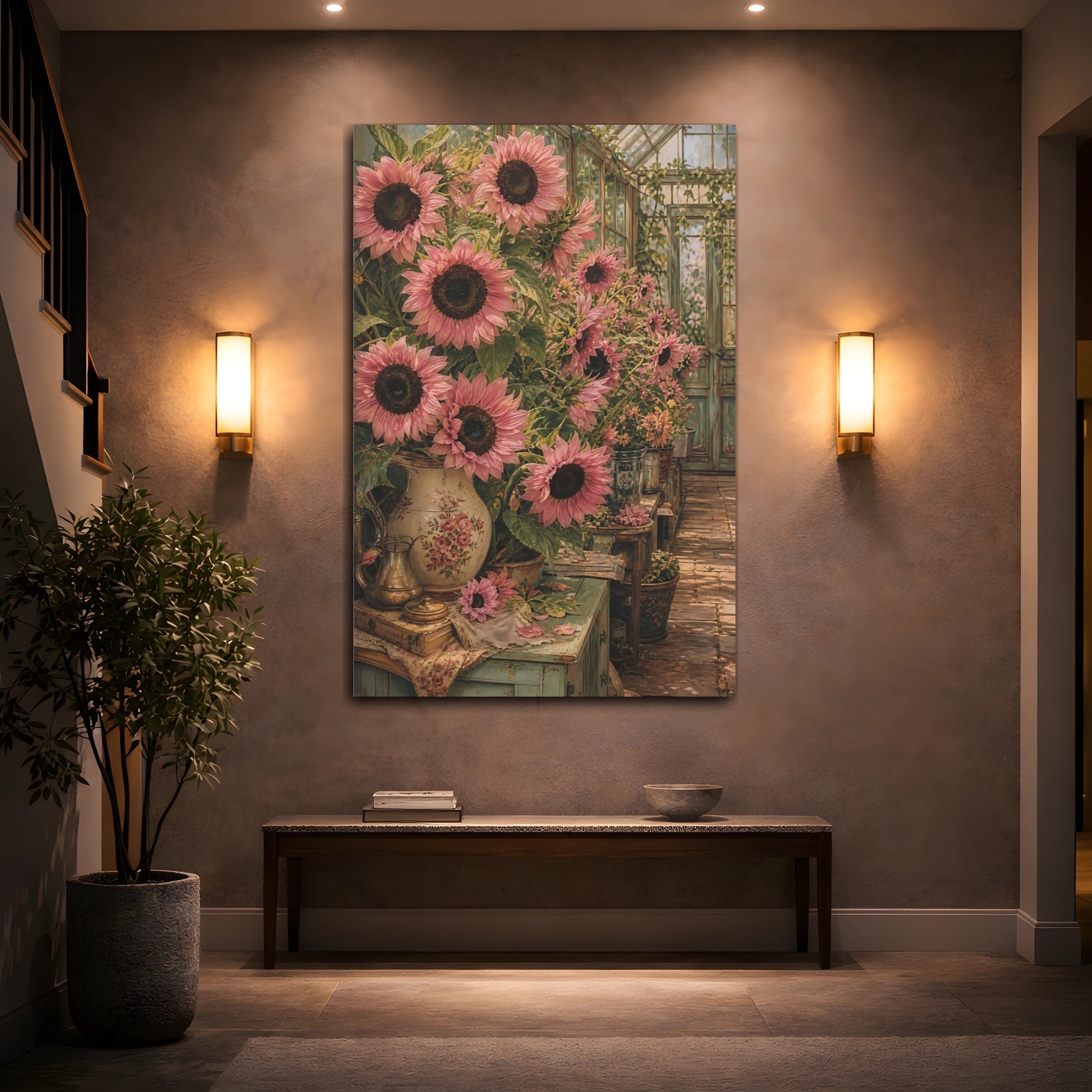 Mockup 2. Floral Pink Sunflowers Pink Sunflower shown as stretched canvas wall art
