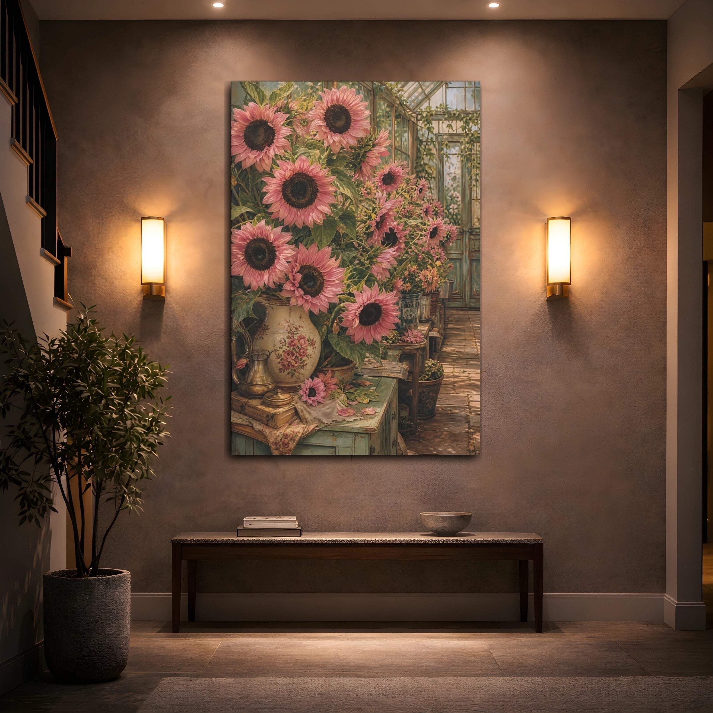 Mockup 2. Floral Pink Sunflowers Pink Sunflower shown as stretched canvas wall art