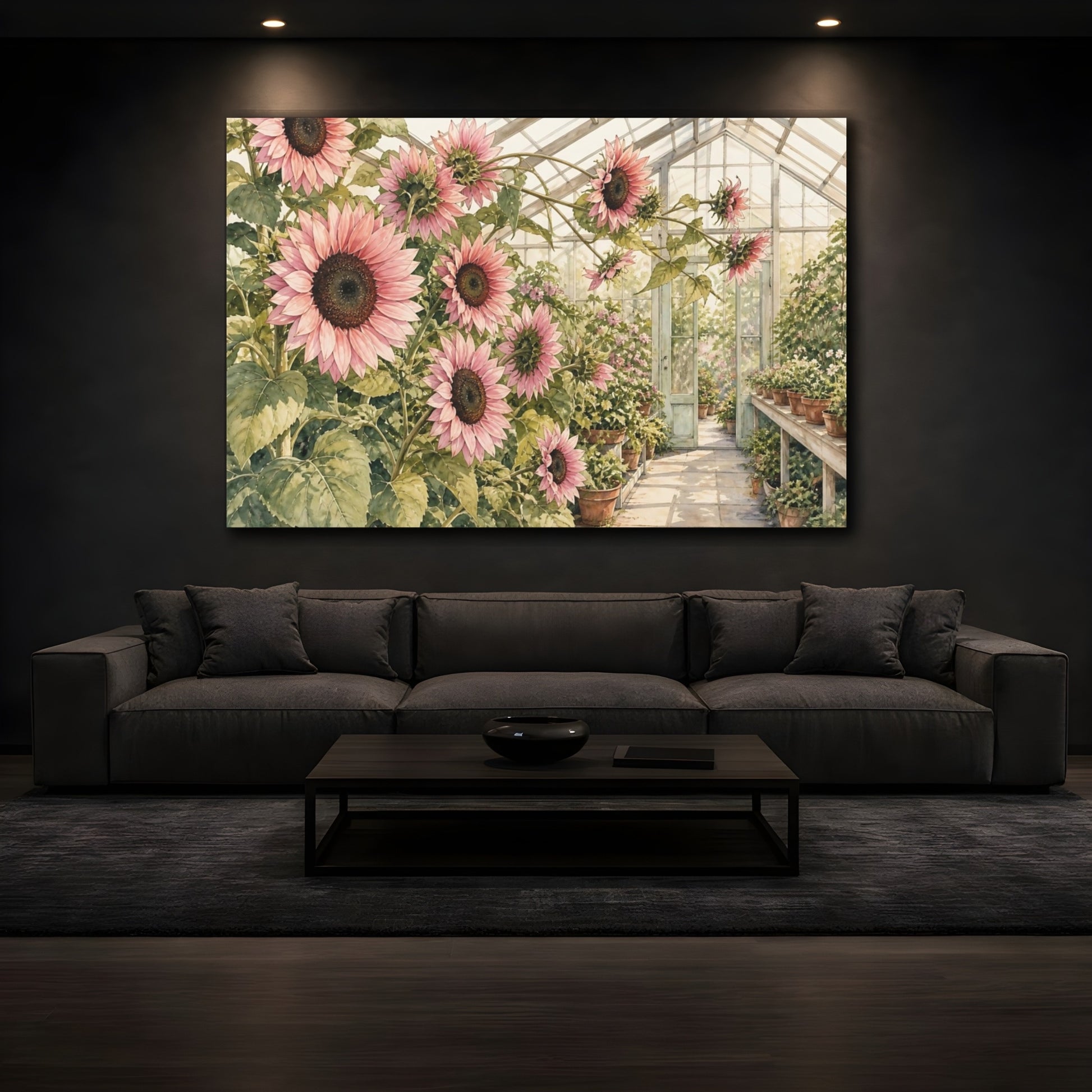 Mockup 3. Floral Pink Sunflowers Pink Sunflower shown as stretched canvas wall art