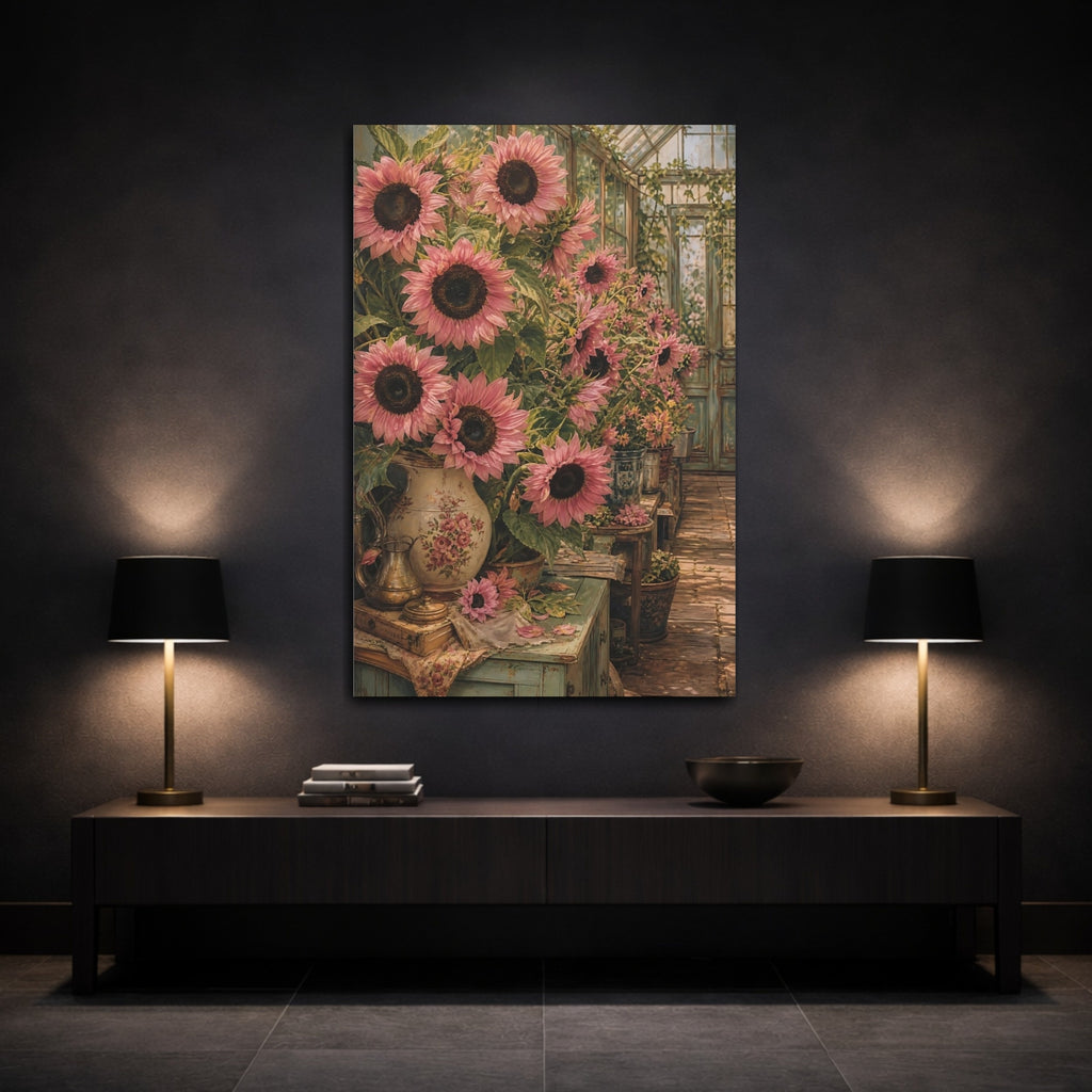 Mockup 3. Floral Pink Sunflowers Pink Sunflower shown as stretched canvas wall art