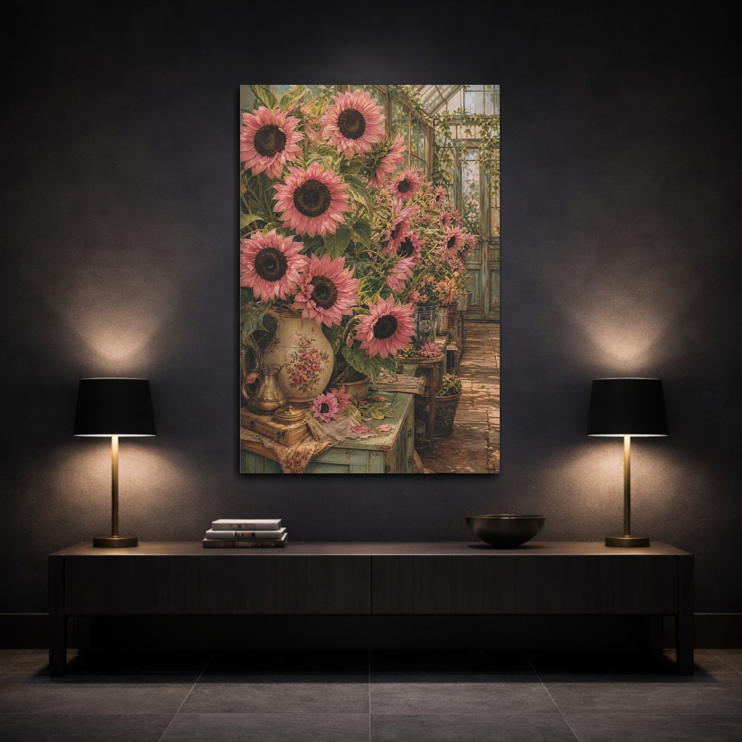 Mockup 3. Floral Pink Sunflowers Pink Sunflower shown as stretched canvas wall art