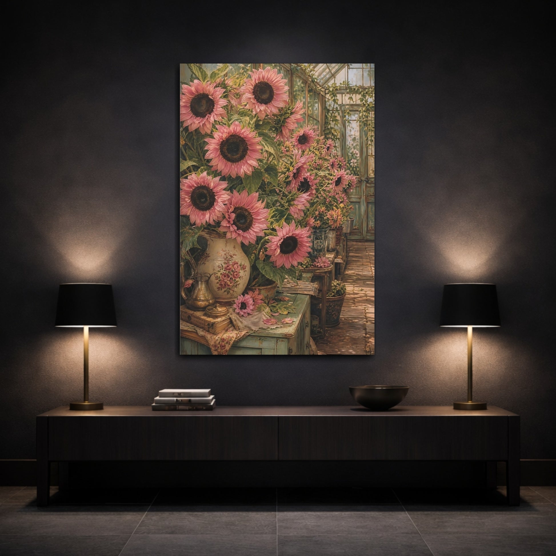 Mockup 3. Floral Pink Sunflowers Pink Sunflower shown as stretched canvas wall art